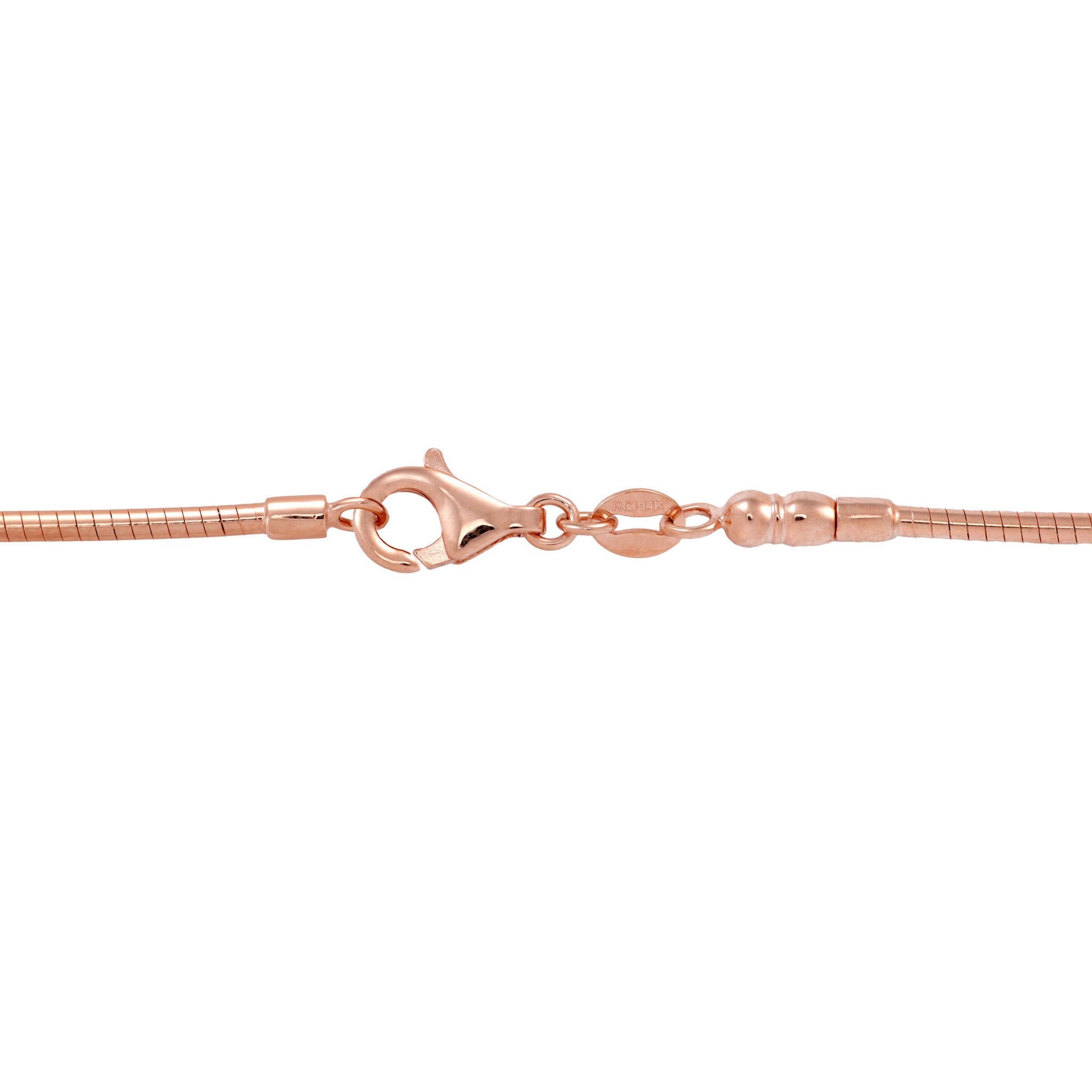 1.5mm Round Omega Chain in 14k Rose Gold with Lobster Claw Clasp on a white background