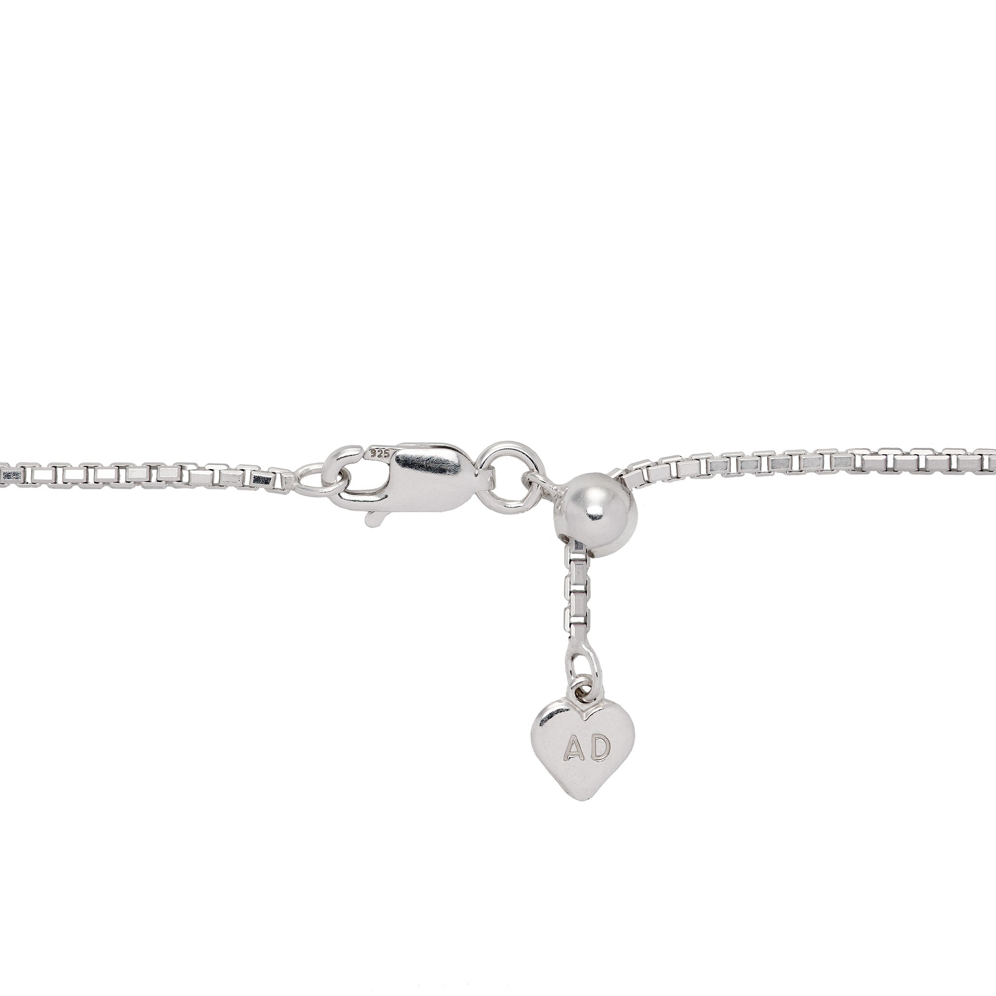 1.5mm Round Box Chain in Sterling Silver with adjustable ball mechanism on a white background
