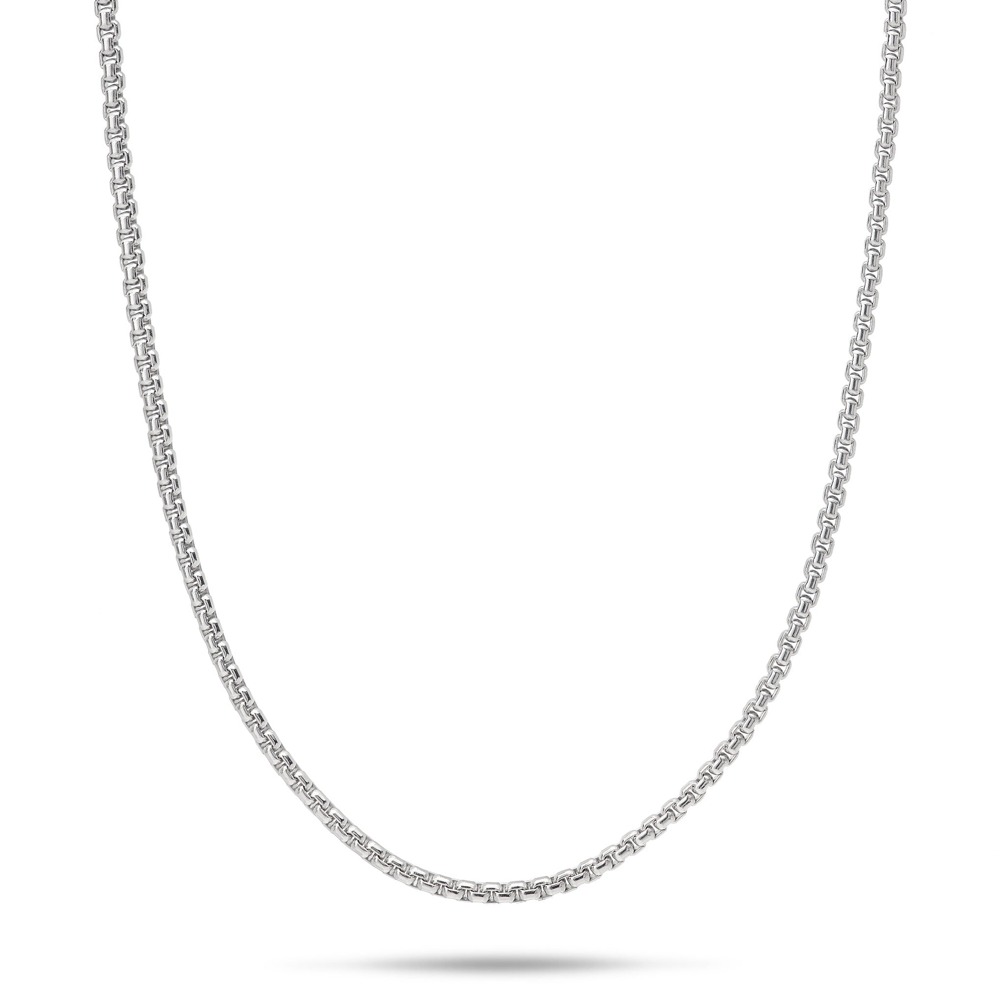 1.2mm Round Box Chain in Sterling Silver on a white background