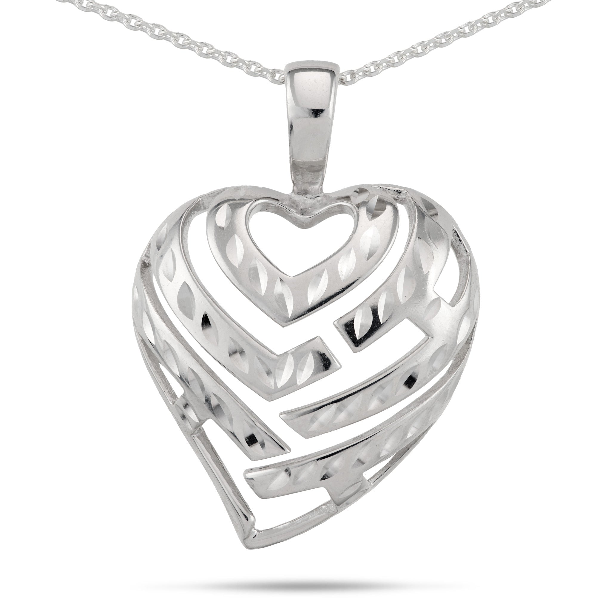 Aloha Heart Pendant Necklace in Sterling Silver on a Chain on a white background