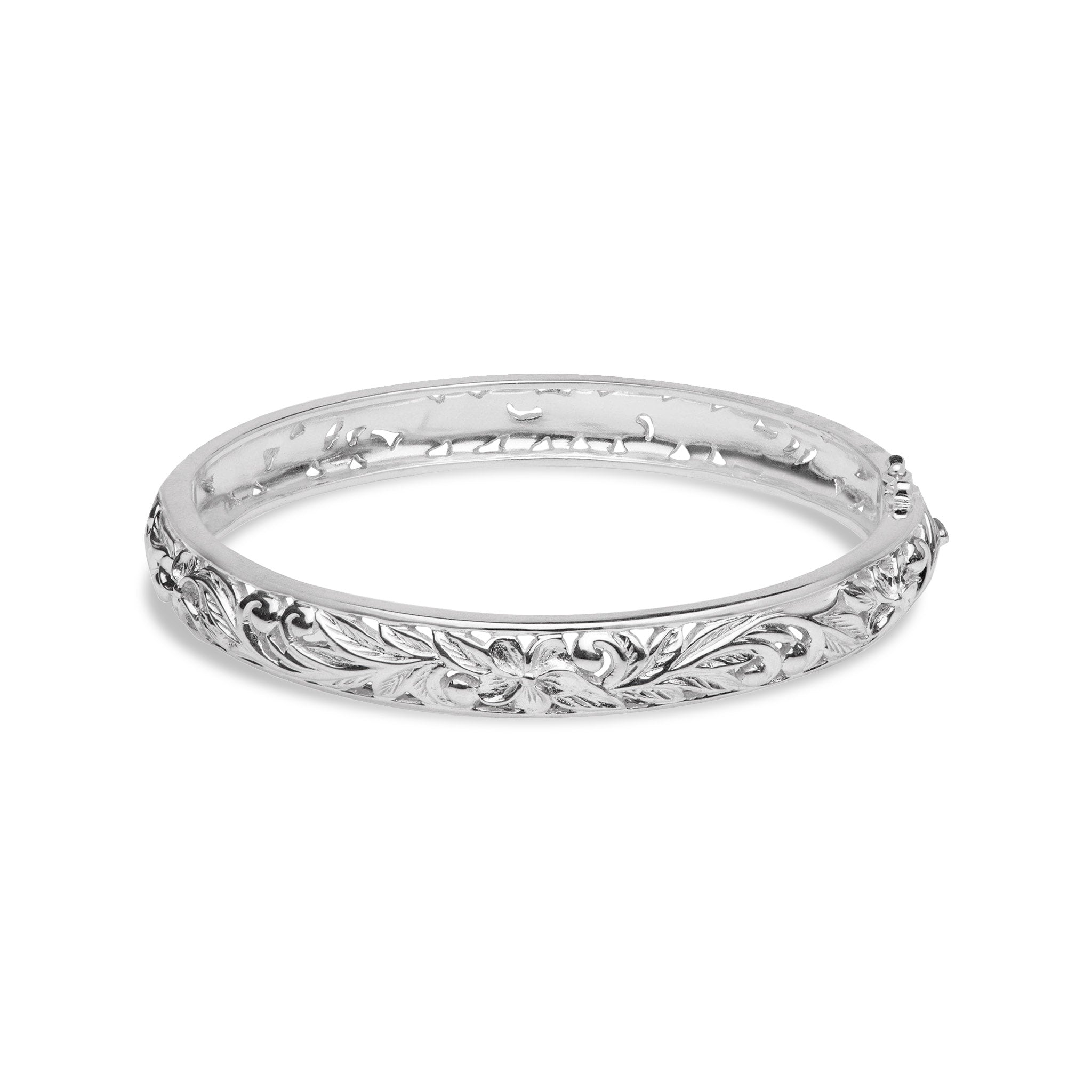 Hawaiian Heirloom Plumeria Hinge Bracelet in Sterling Silver - 8mm