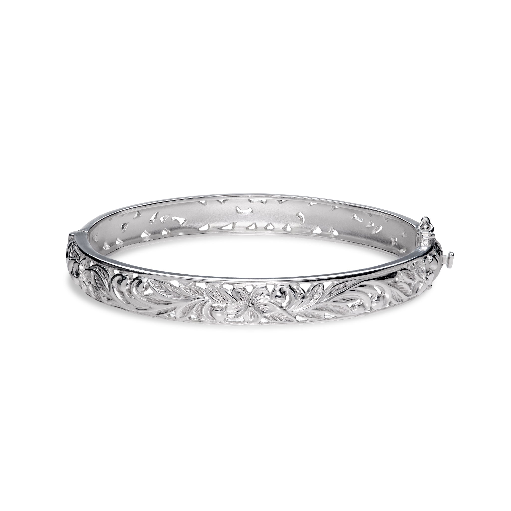8mm Hawaiian Heirloom Plumeria Hinge Bracelet in Sterling Silver on a white background