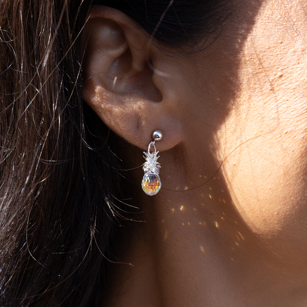 Crystal Pineapple Dangle Earrings in Sterling Silver