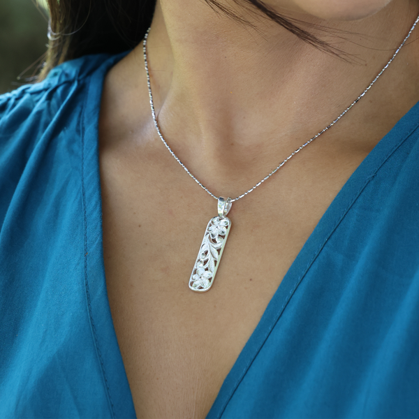 Hawaiian Heirloom Plumeria Pendant in Sterling Silver with White Sapphire - 41mm