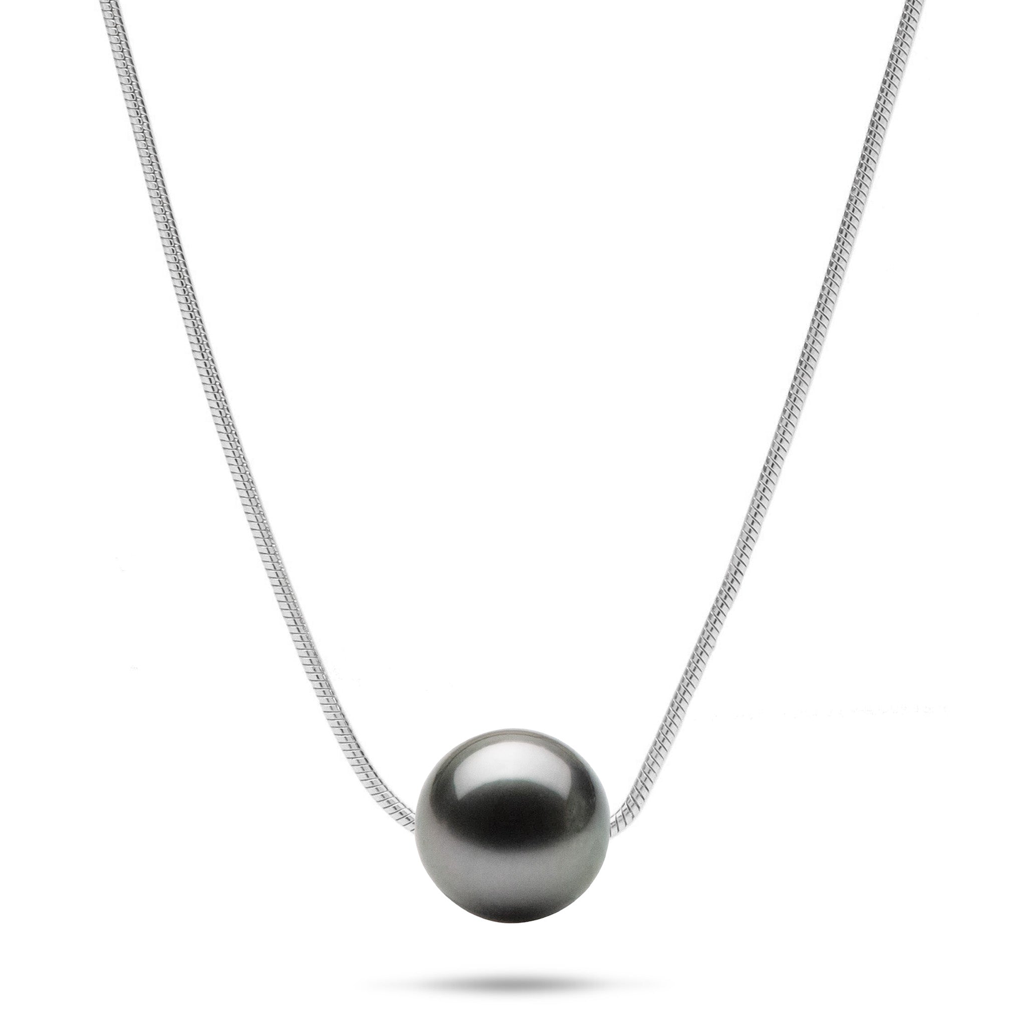 18" Tahitian Black Pearl slider Necklace in Sterling Silver on a white background