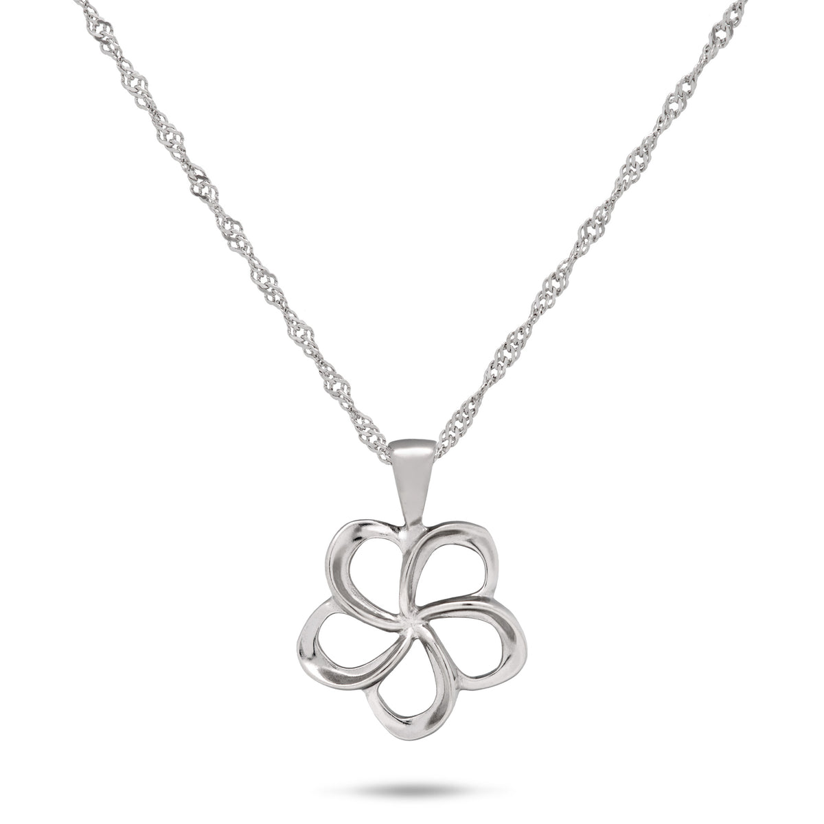 Cut out style Plumeria flower pendant in Sterling Silver hanging on a Singapore Chain, placed on a White Background
