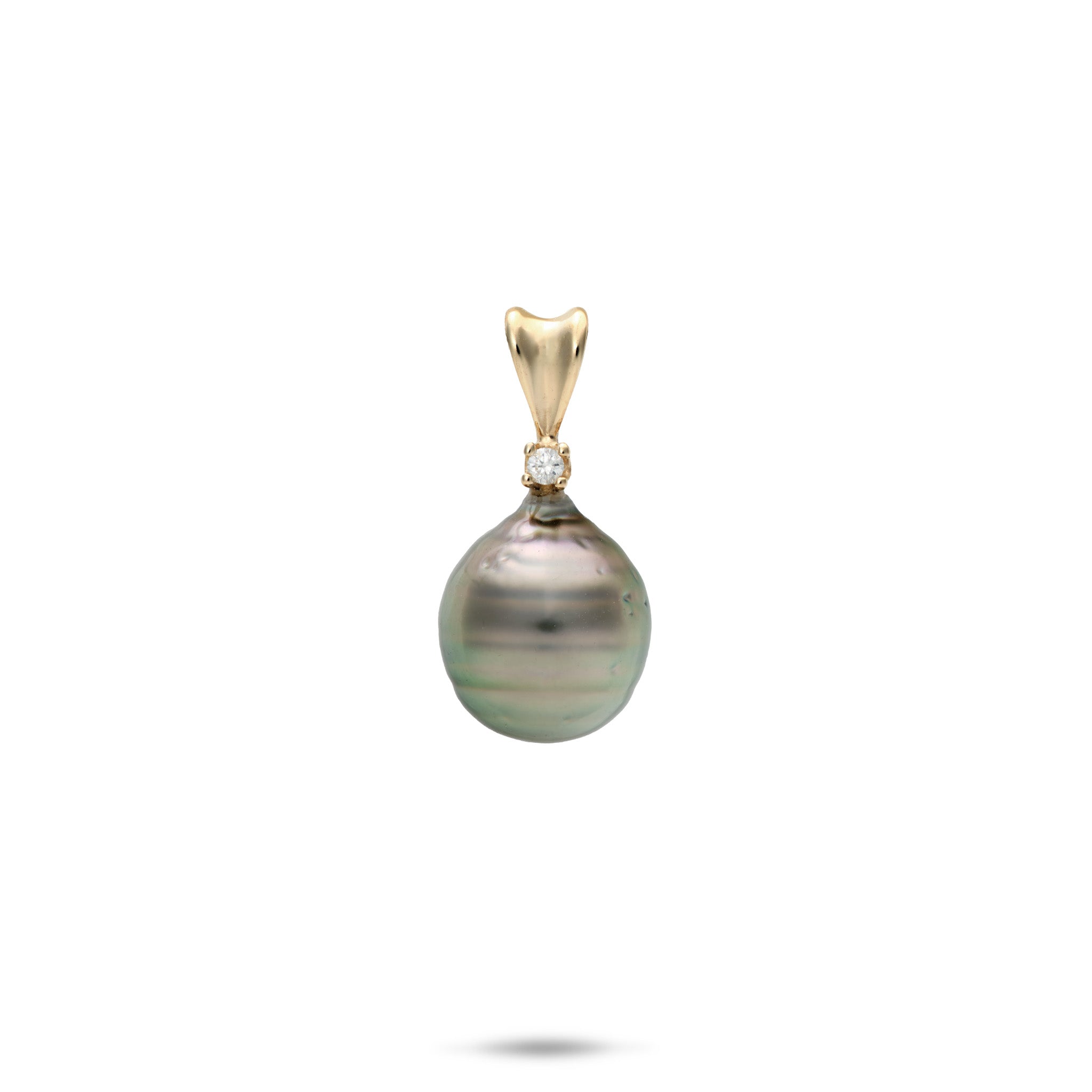 A 14k yellow gold pendant featuring a teardrop-shaped baroque Tahitian black pearl with iridescent green and gray overtones, accented by a diamond at the curved bail at the top, shown against a plain white background.