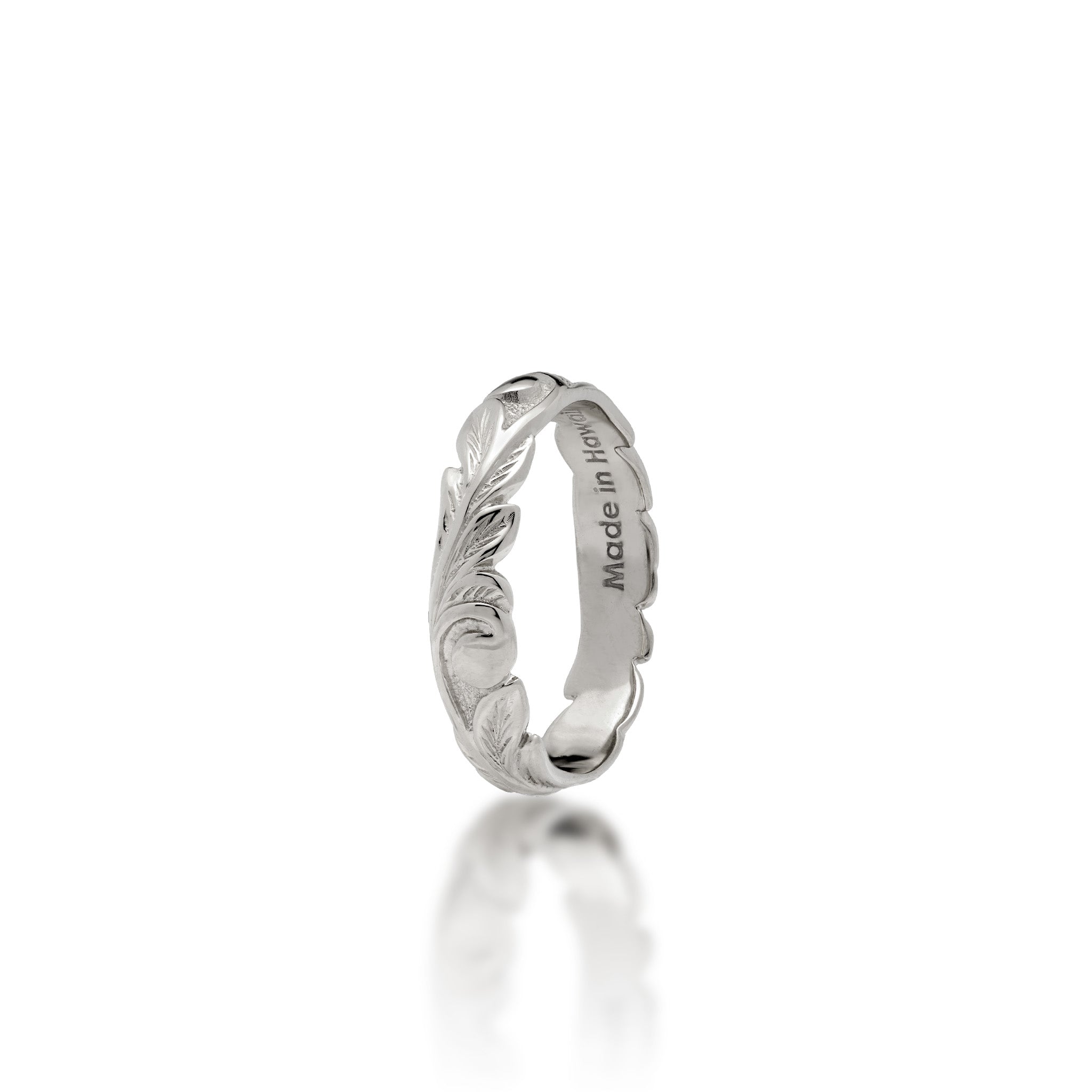 4.5mm Hawaiian Heirloom Ring in 14k White Gold with maile leaf and fern scrollwork and ʻMade in Hawaii' stamp, shown on a white background