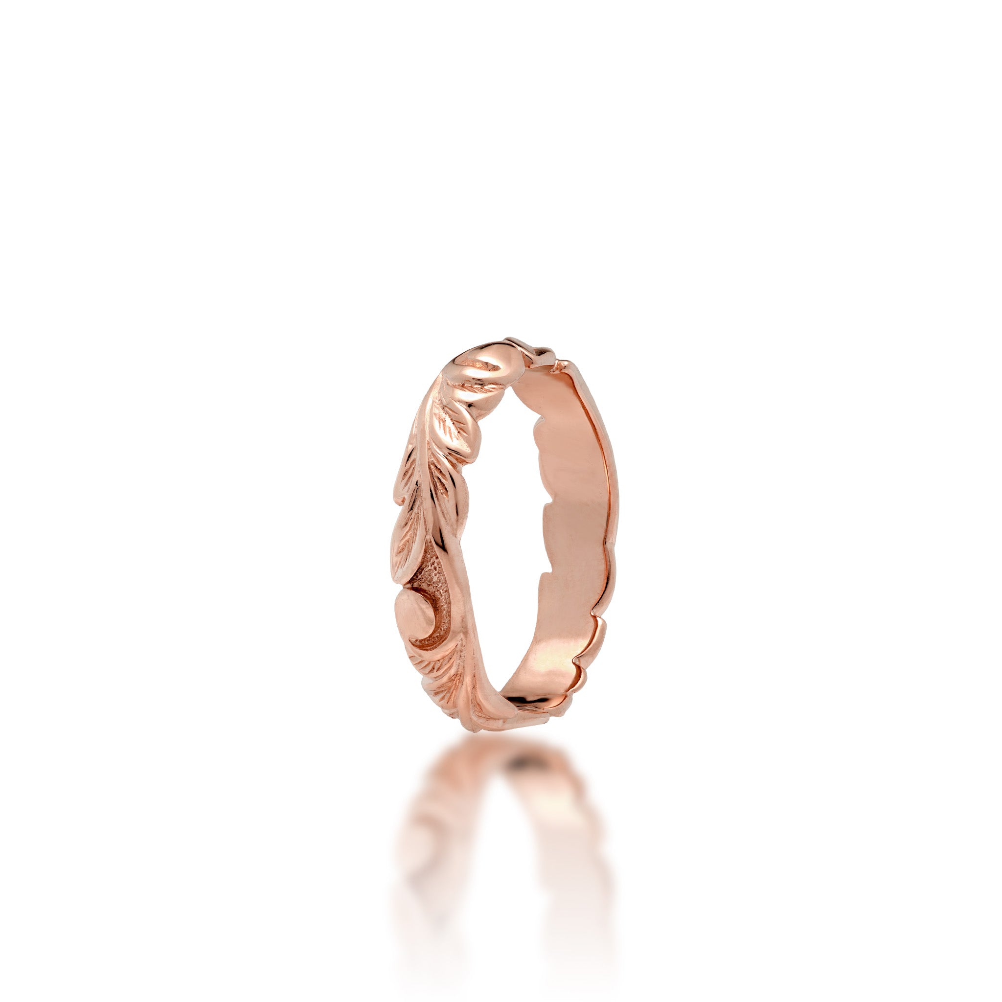 4.5mm Hawaiian Heirloom Ring in 14k Rose Gold with maile leaf and fern scrollwork, shown on a white background