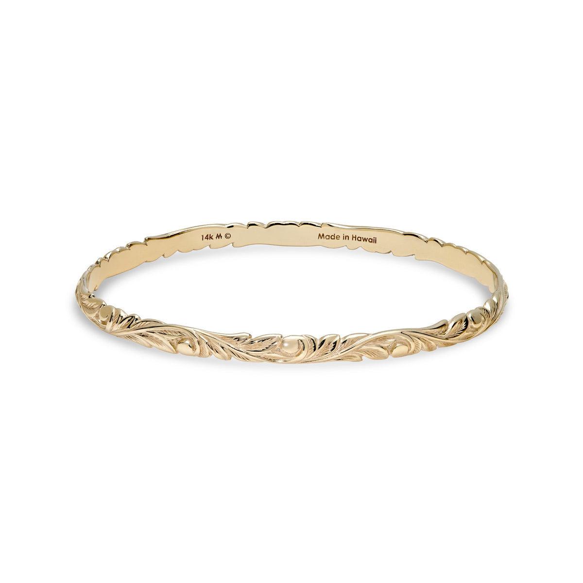 4.5mm Hawaiian Heirloom Old English Scroll Bracelet in solid 14k yellow Gold with maile leaves and hapuʻu fern design on a white background