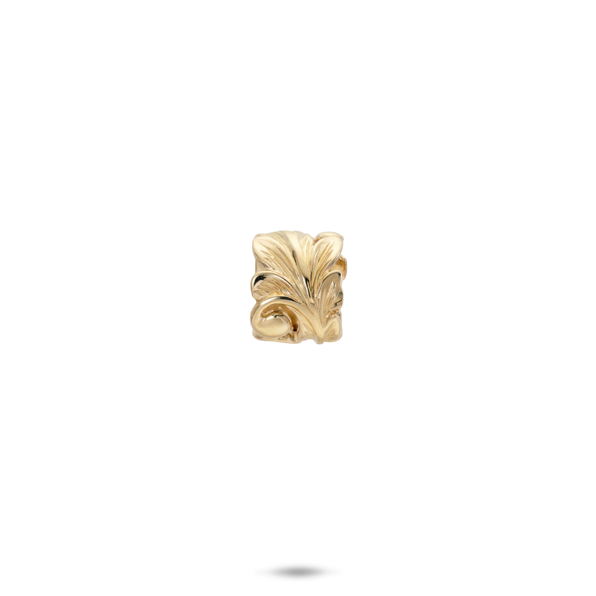 8mm Hawaiian Heirloom Maile Scroll Barrel Pendant in 14k Yellow Gold on a white background