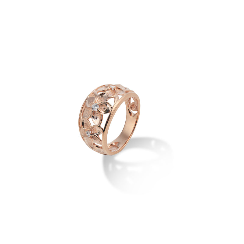 Maui Divers Jewelry Hawaiian Heirloom Plumeria Ring in Rose Gold with Diamonds - 11mm on White Background