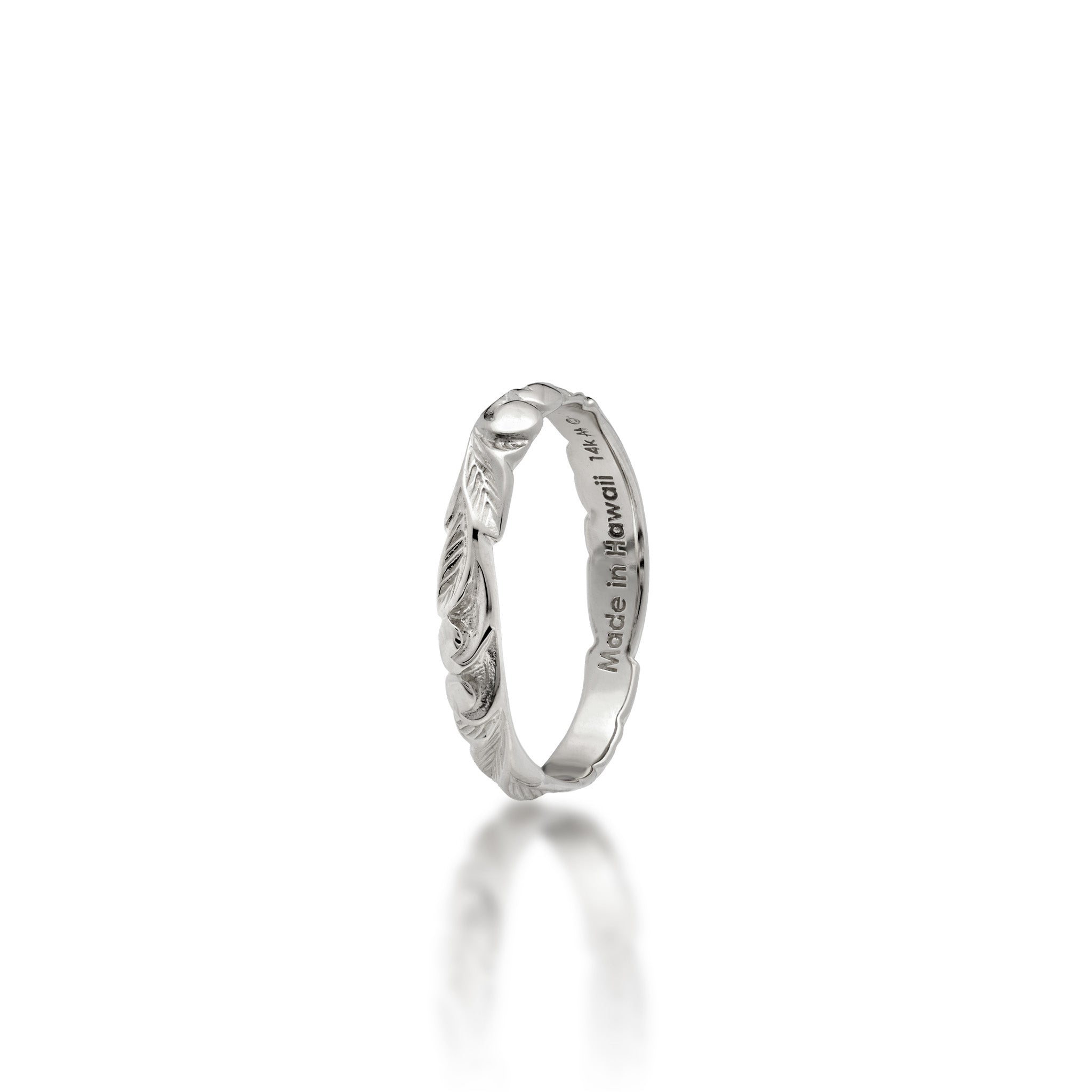 3mm Hawaiian Heirloom Ring in 14k White Gold with maile leaf and fern scrollwork and ʻMade in Hawaii 14kʻ stamp, shown on a white background