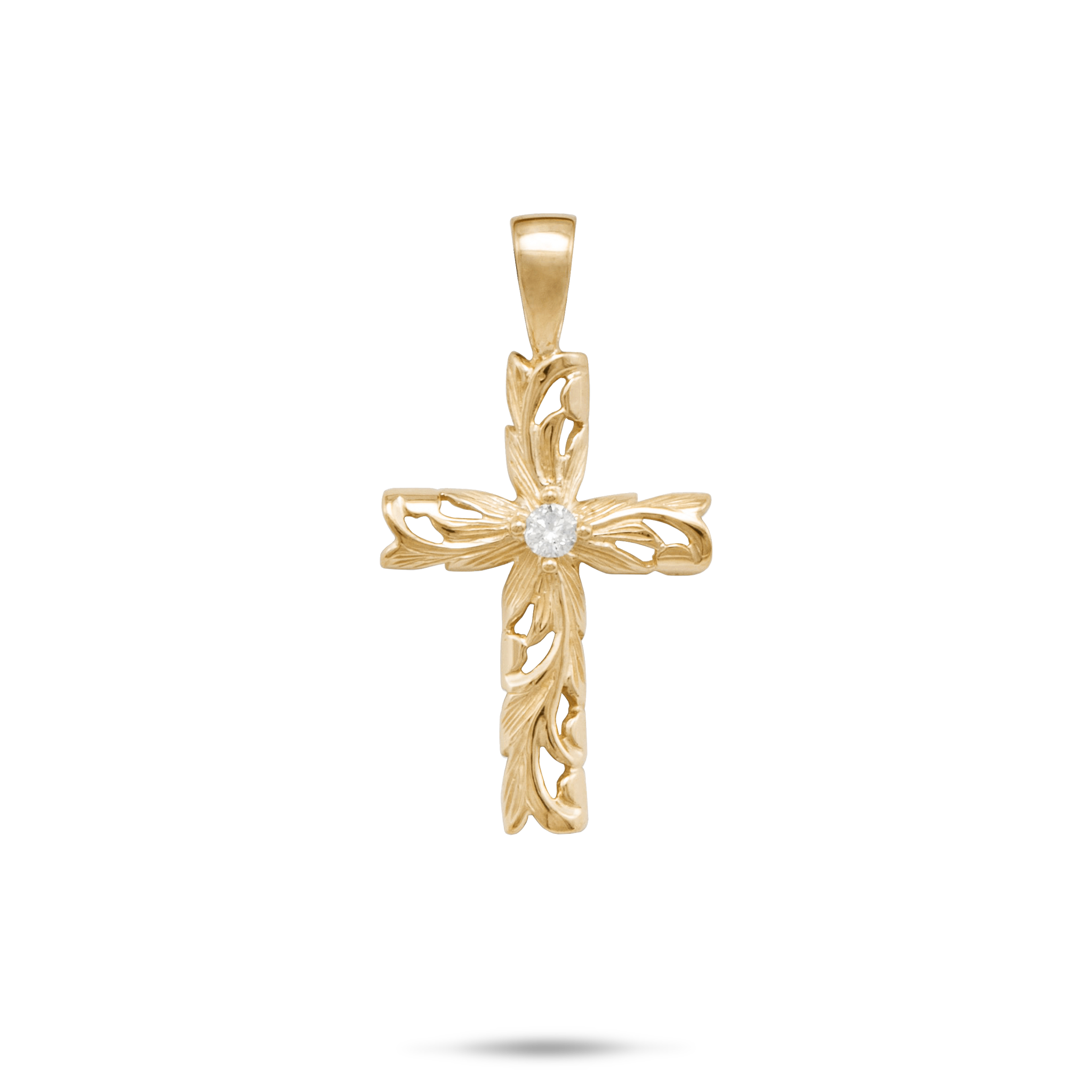 Hawaiianisches Erbstück Old English Scroll Cross Anhänger in Gold mit Diamant – 30 mm