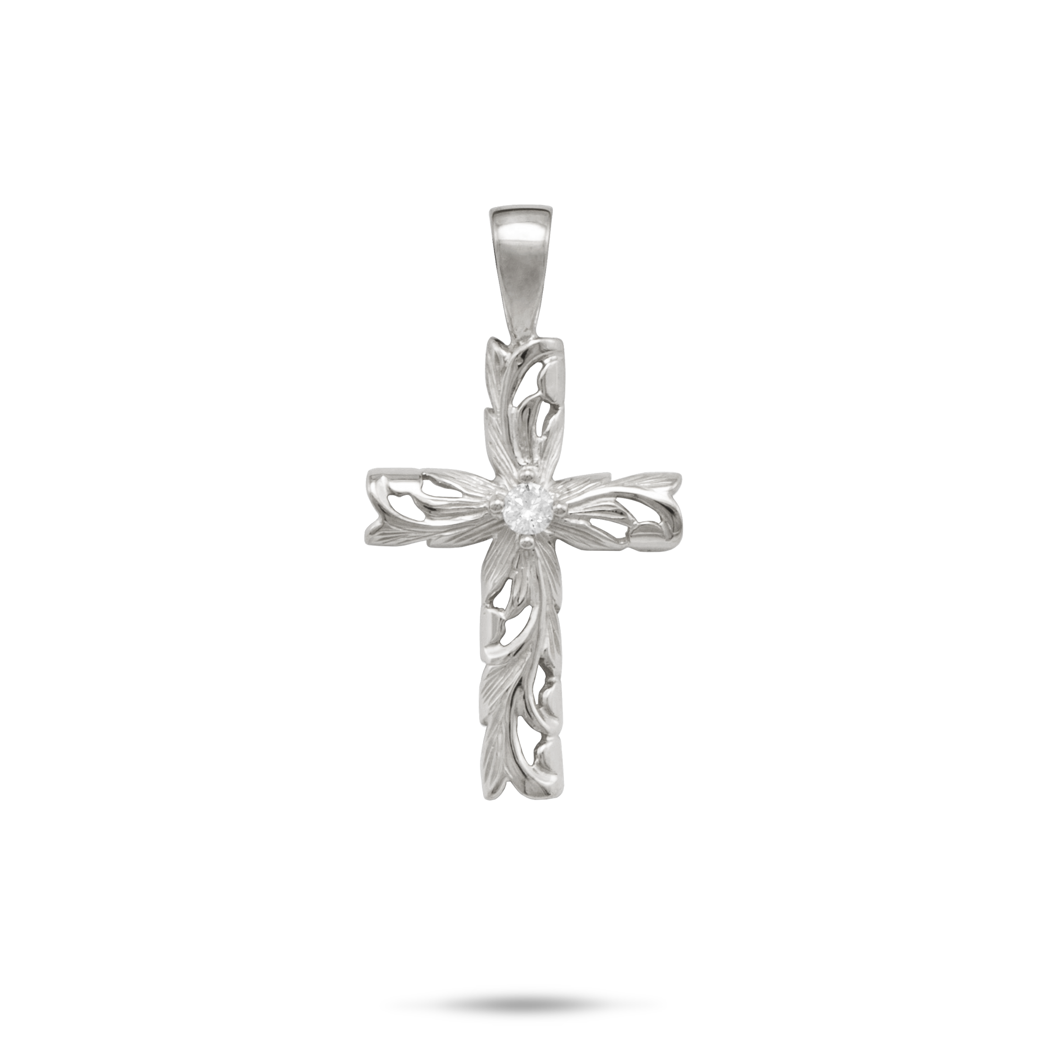 Hawaiian Heirloom Old English Scroll Cross Pendant in White Gold with Diamond - 30mm