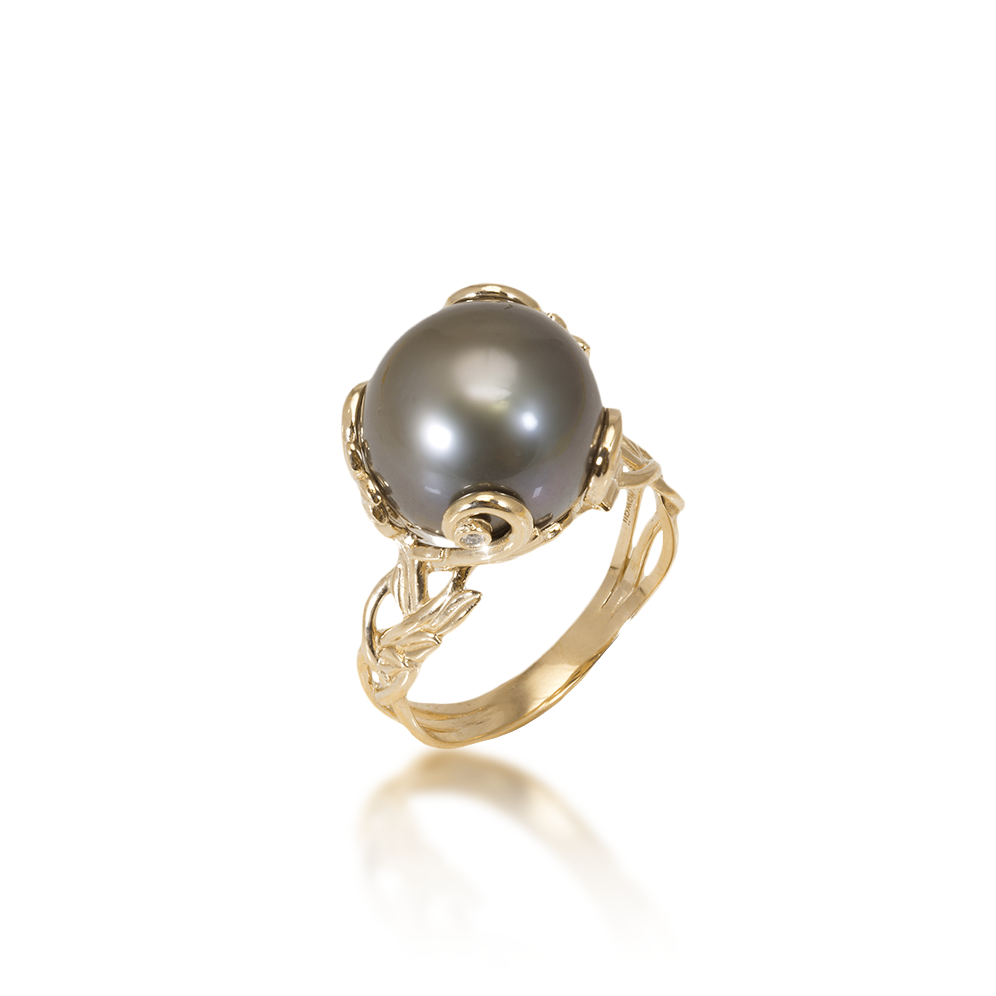 ダイヤモンドと金のリビングヒールームタヒチアン黒真珠のリング -  12-13mm