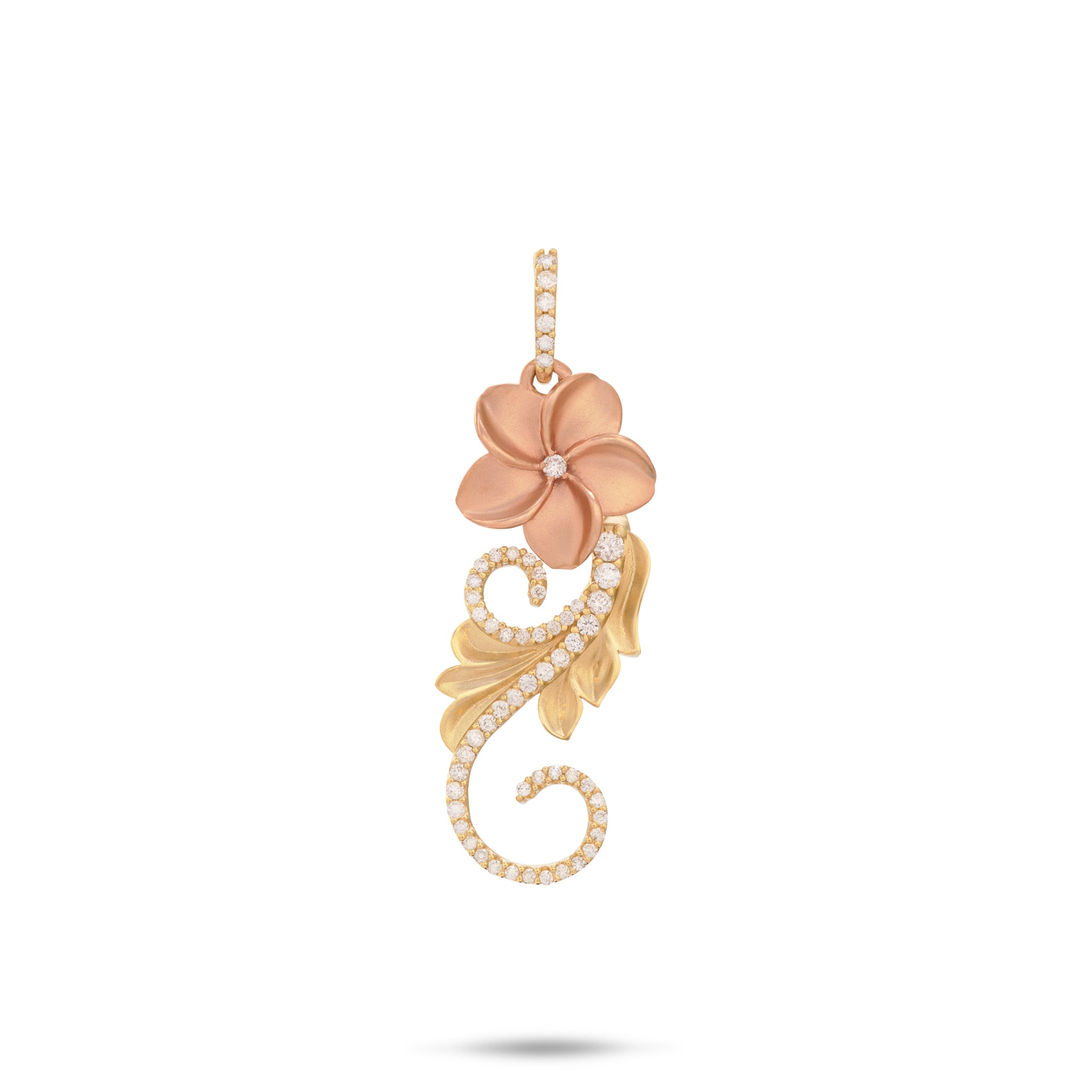 Hawaiian Heirloom Plumeria Pendant in Two Tone Gold with Diamonds - 30mm