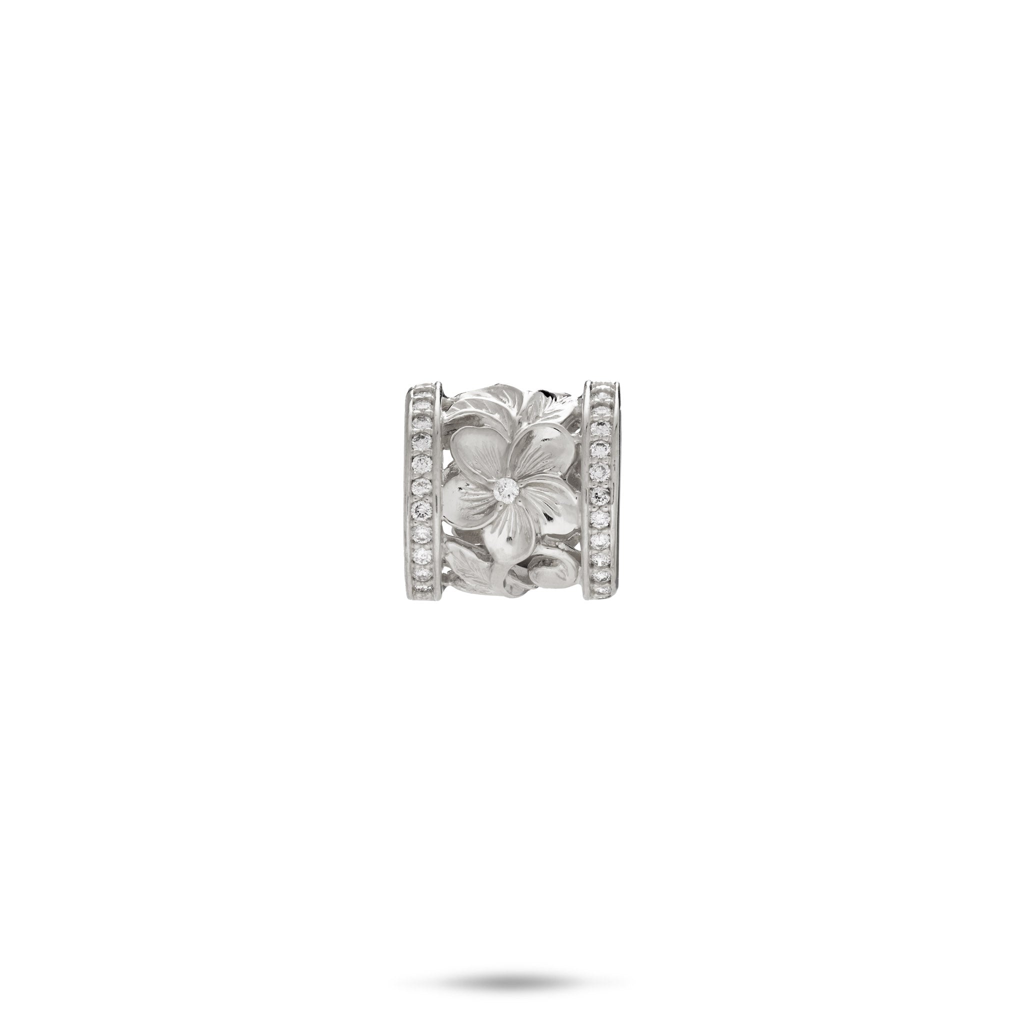 Hawaiian Heirloom Plumeria Barrel Pendant in White Gold with Diamonds - 12mm