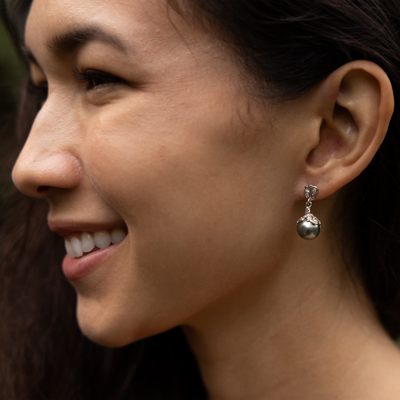 Living Heirloom Tahitian Black Pearl Earrings in White Gold with Diamonds - 9-10mm
