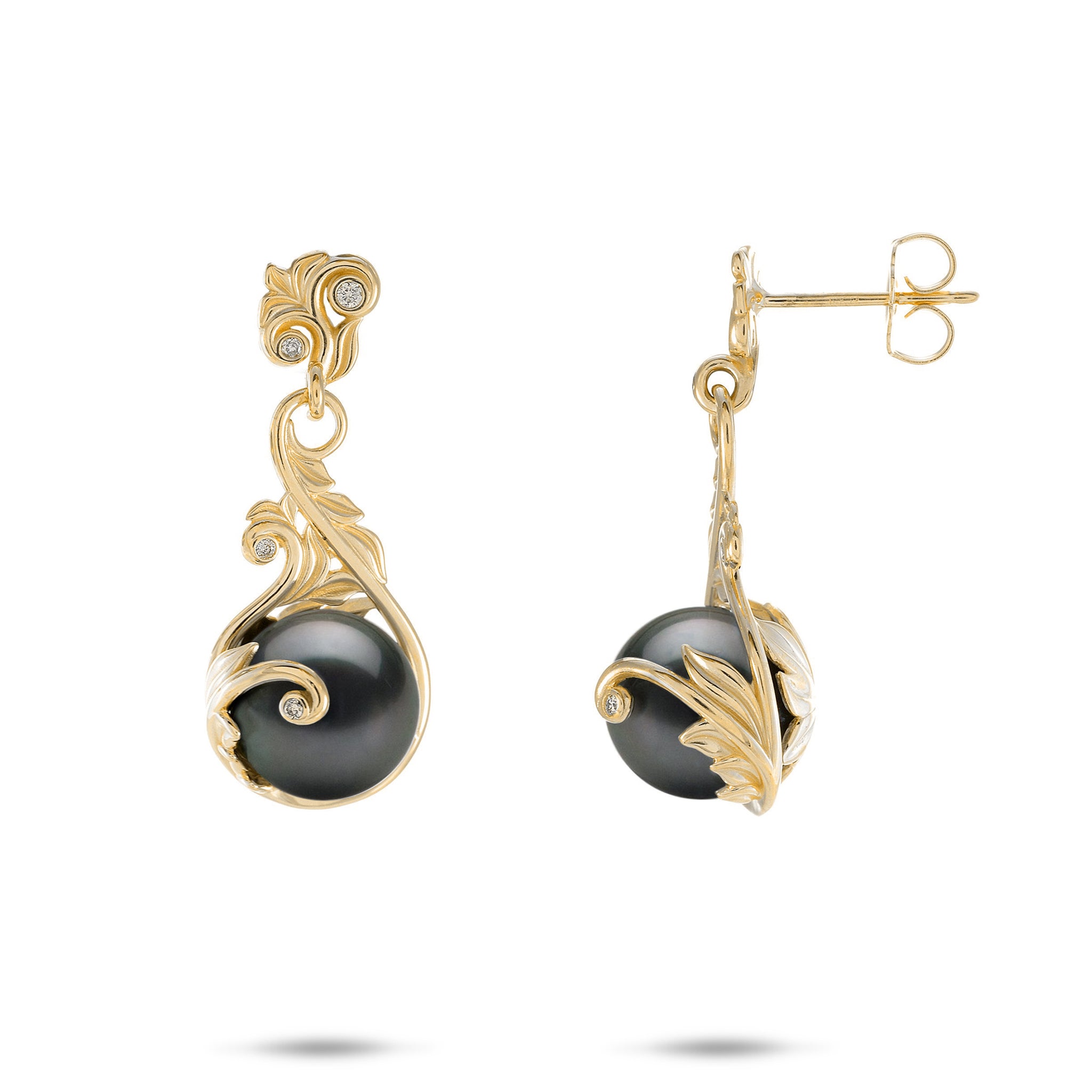 9-10mm Living Heirloom Tahitian Black Pearl Earrings in Gold with Diamonds on a white background