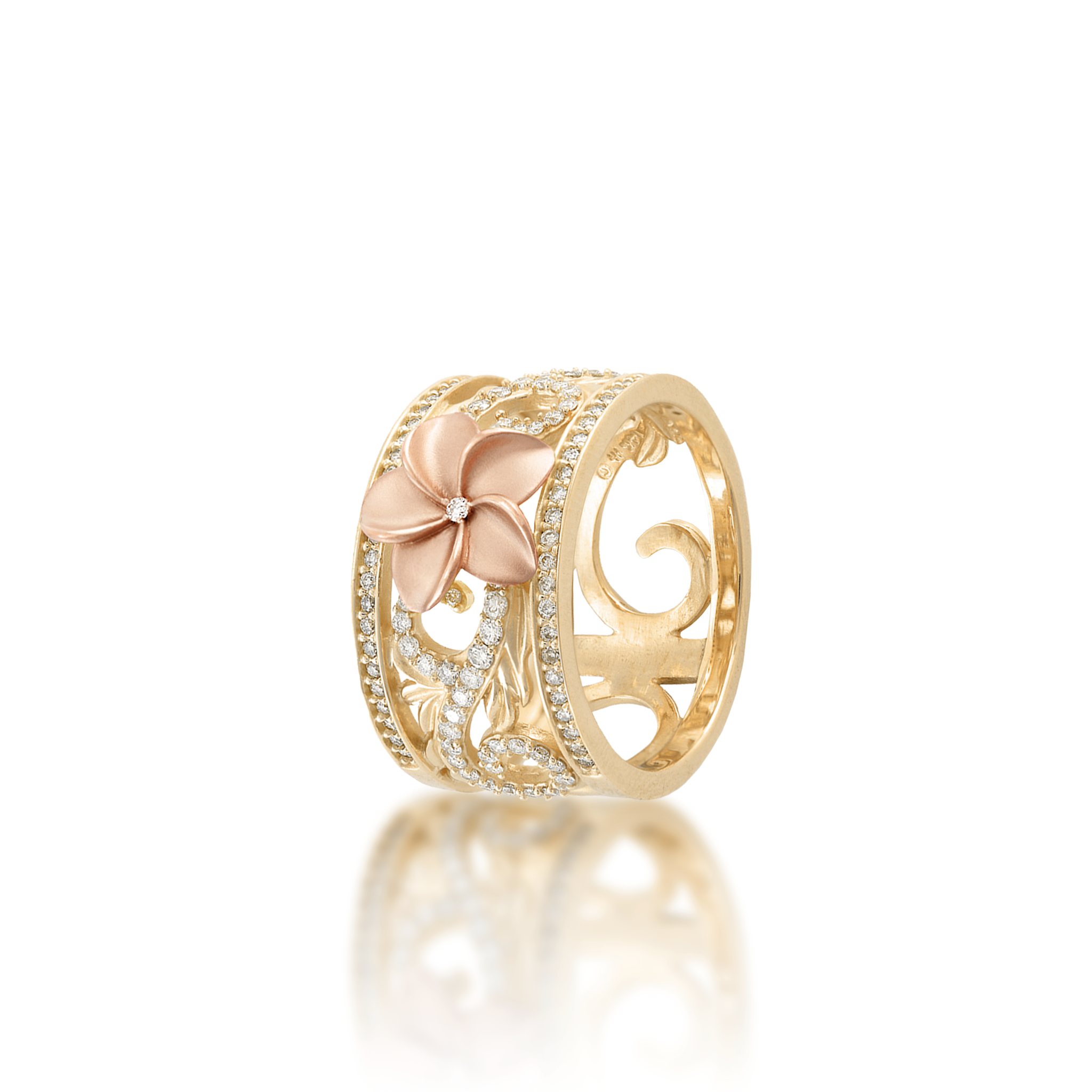 Hawaiian Heirloom Plumeria Engagement Ring in Two Tone Gold with Diamonds - 12mm