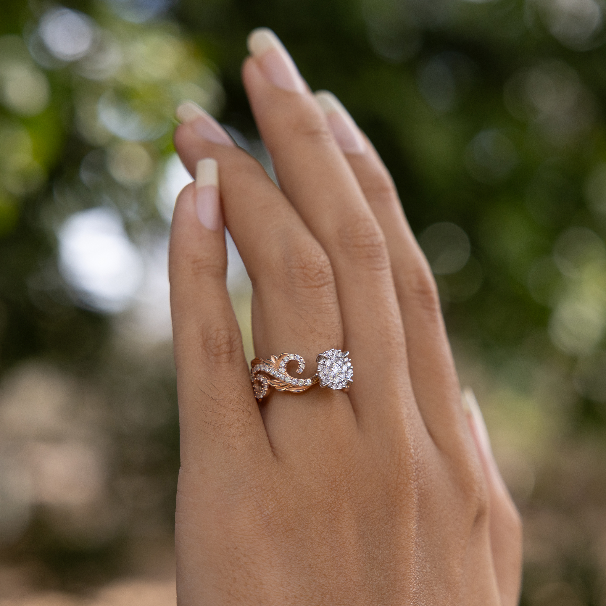 Bague de fiançailles héritage hawaïenne en or à deux tons avec des diamants