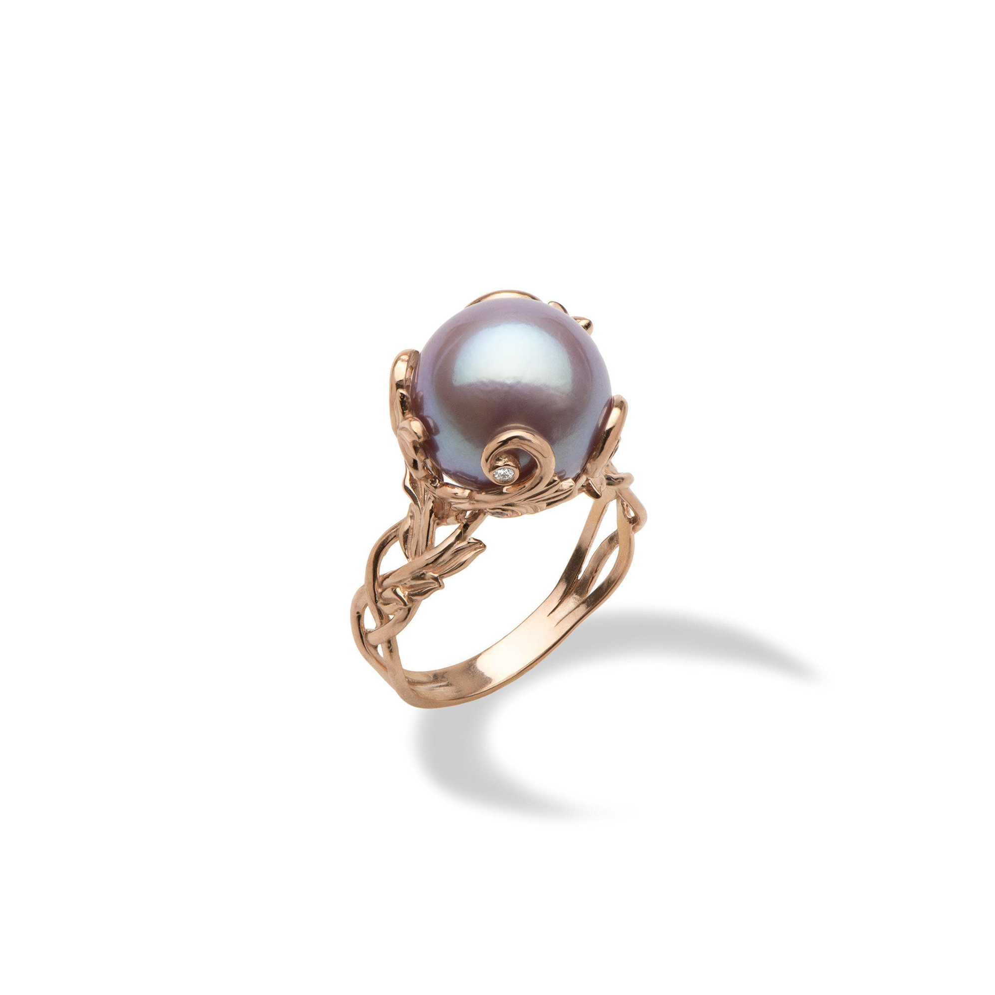 生きている家宝ライラック淡水真珠のリングローズゴールド付きダイヤモンド-11-12mm
