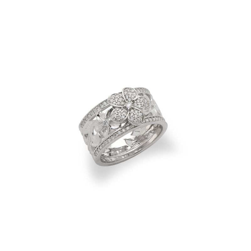 Hawaiian Heirloom Plumeria Ring in White Gold with Diamonds - 10mm - Maui Divers Jewelry