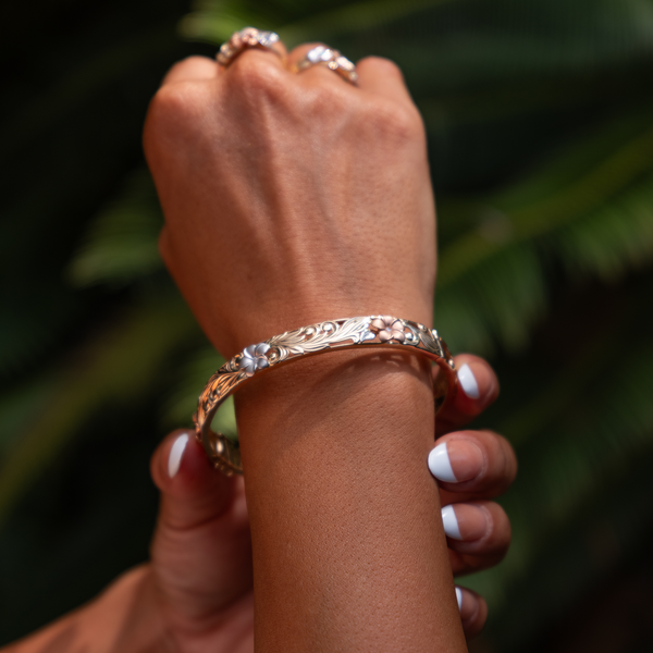 Hawaiian Heirloom Plumeria Bracelet in Tri Color Gold with Diamonds- 8mm - Size 7.5