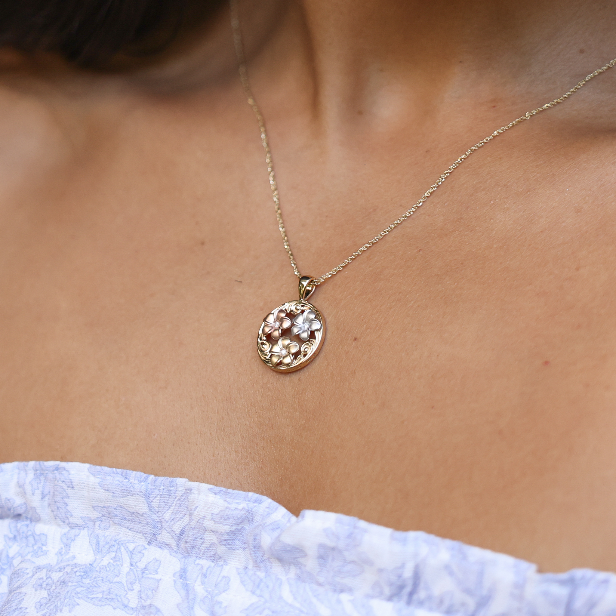 Hawaiian Heirloom Plumeria Pendant in Tri Color Gold with Diamonds - 18mm