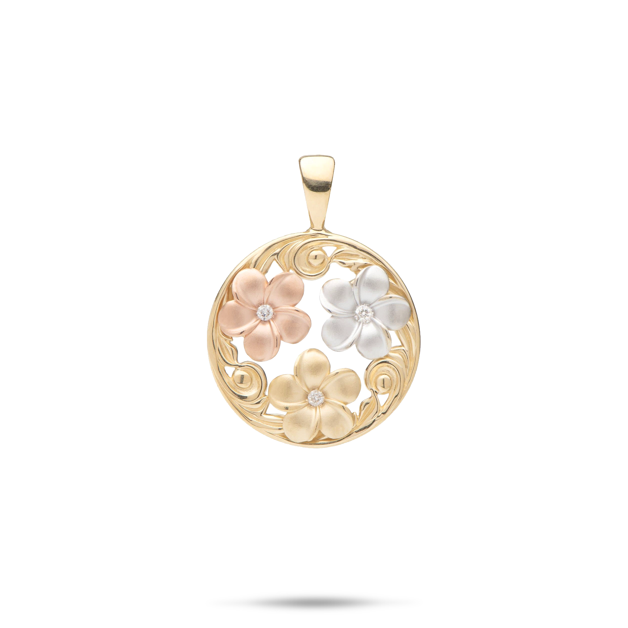 Hawaiian Heirloom Plumeria Pendant in Tri Color Gold with Diamonds - 18mm