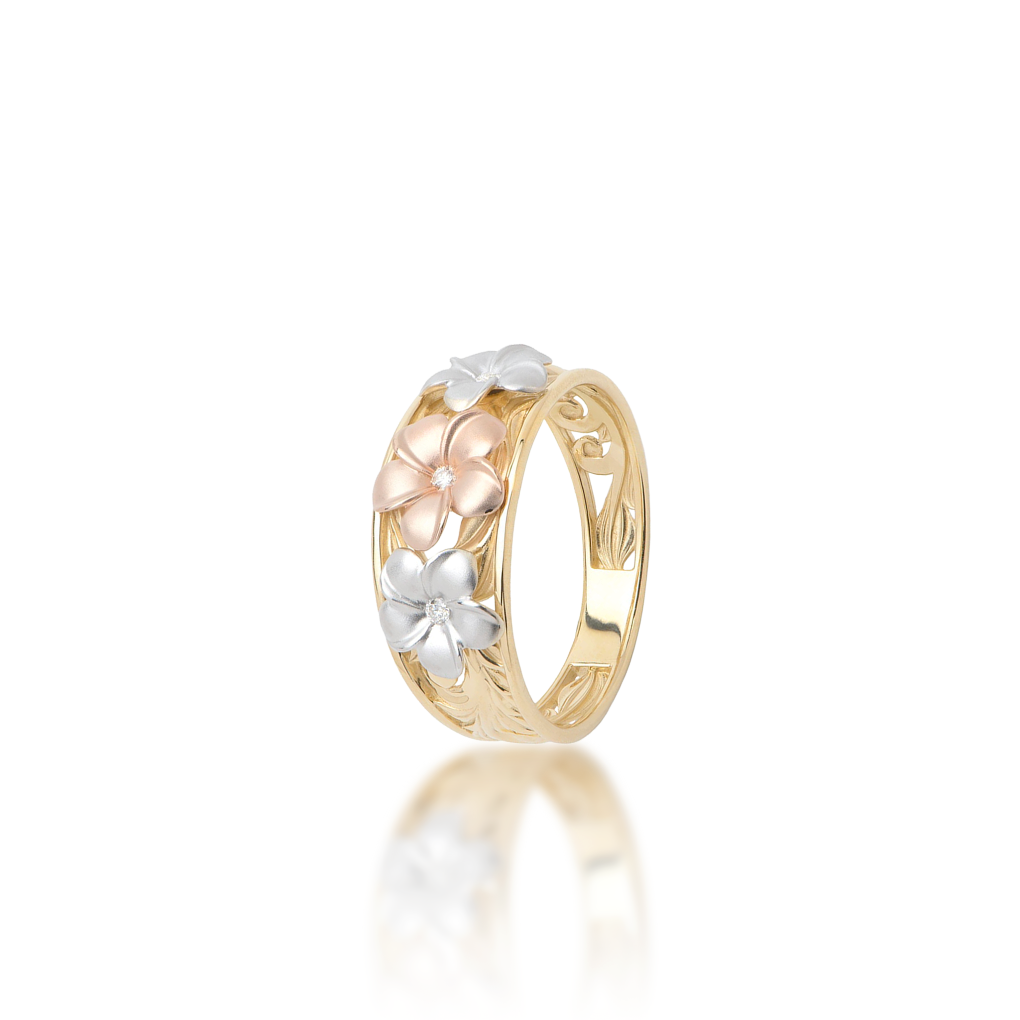 Hawaiian Heirloom Plumeria Ring in Tri Color Gold with Diamonds - 8mm