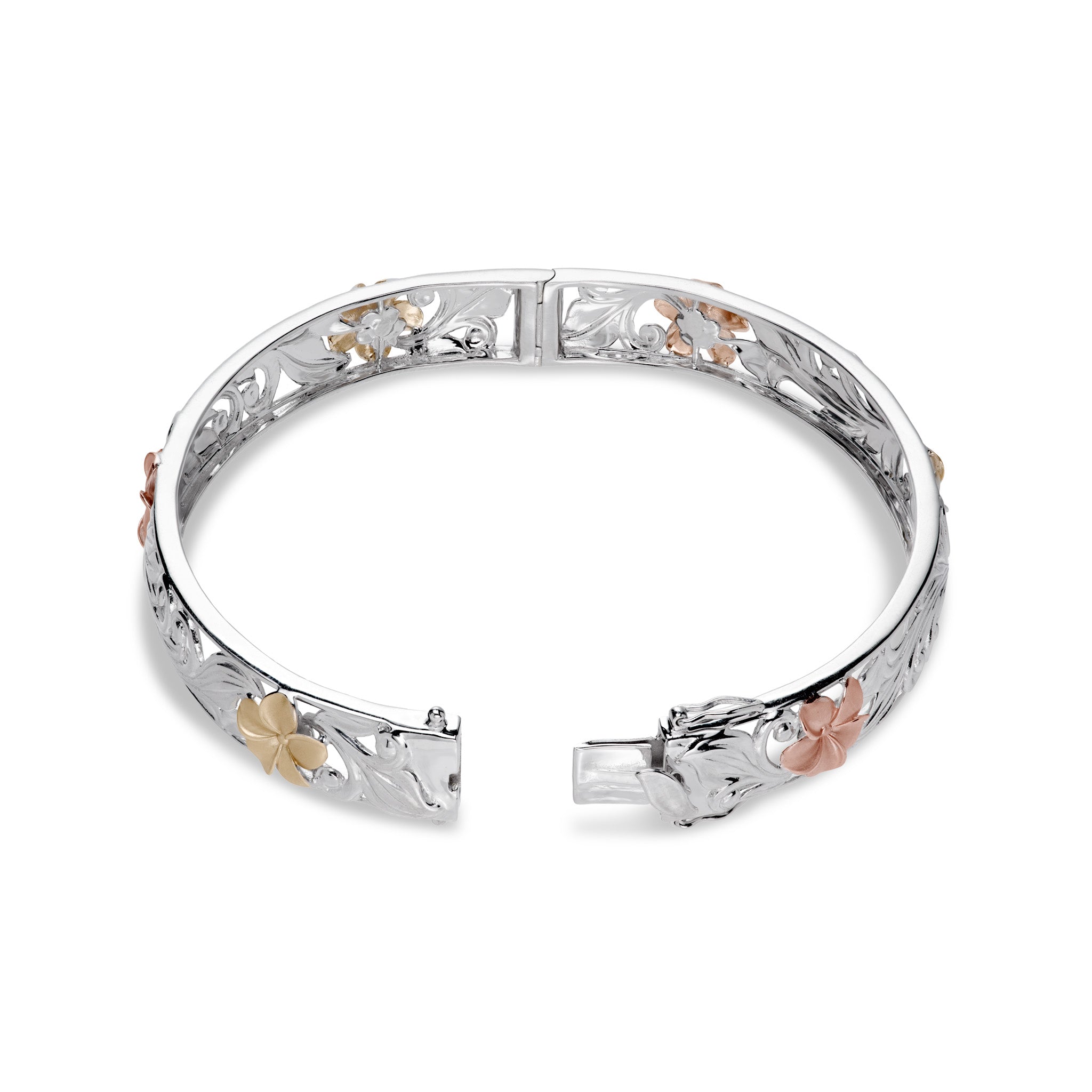 Hawaiian Heirloom Plumeria Hinge Bracelet in Tri Color Gold - 10mm