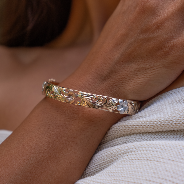 Hawaiian Heirloom Plumeria Hinge Bracelet in Tri Color Gold with Diamonds - 10mm