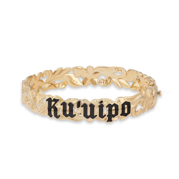 Hawaiian Heirloom Kuuipo (Sweetheart) Plumeria Enamel Hinge Bracelet in Gold - 12mm