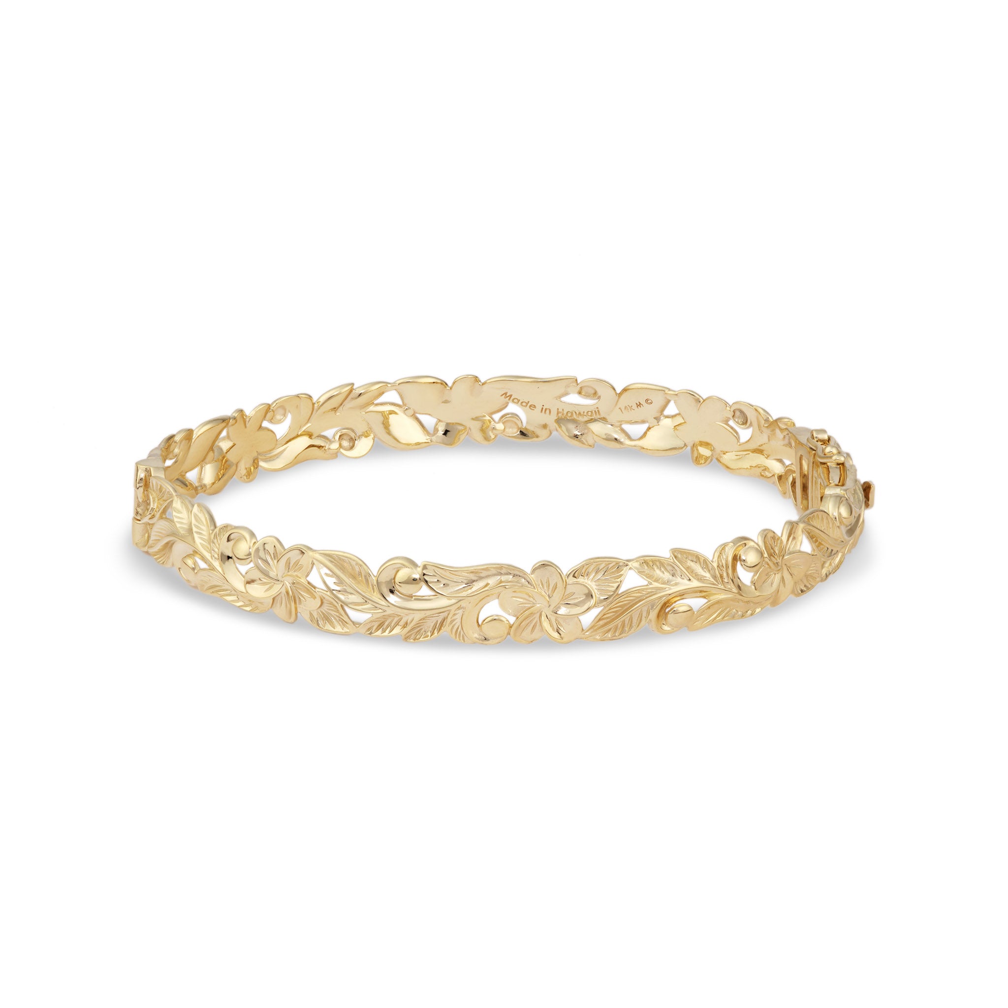 Hawaiian Heirloom Plumeria Hinge Bracelet in Gold - 8mm