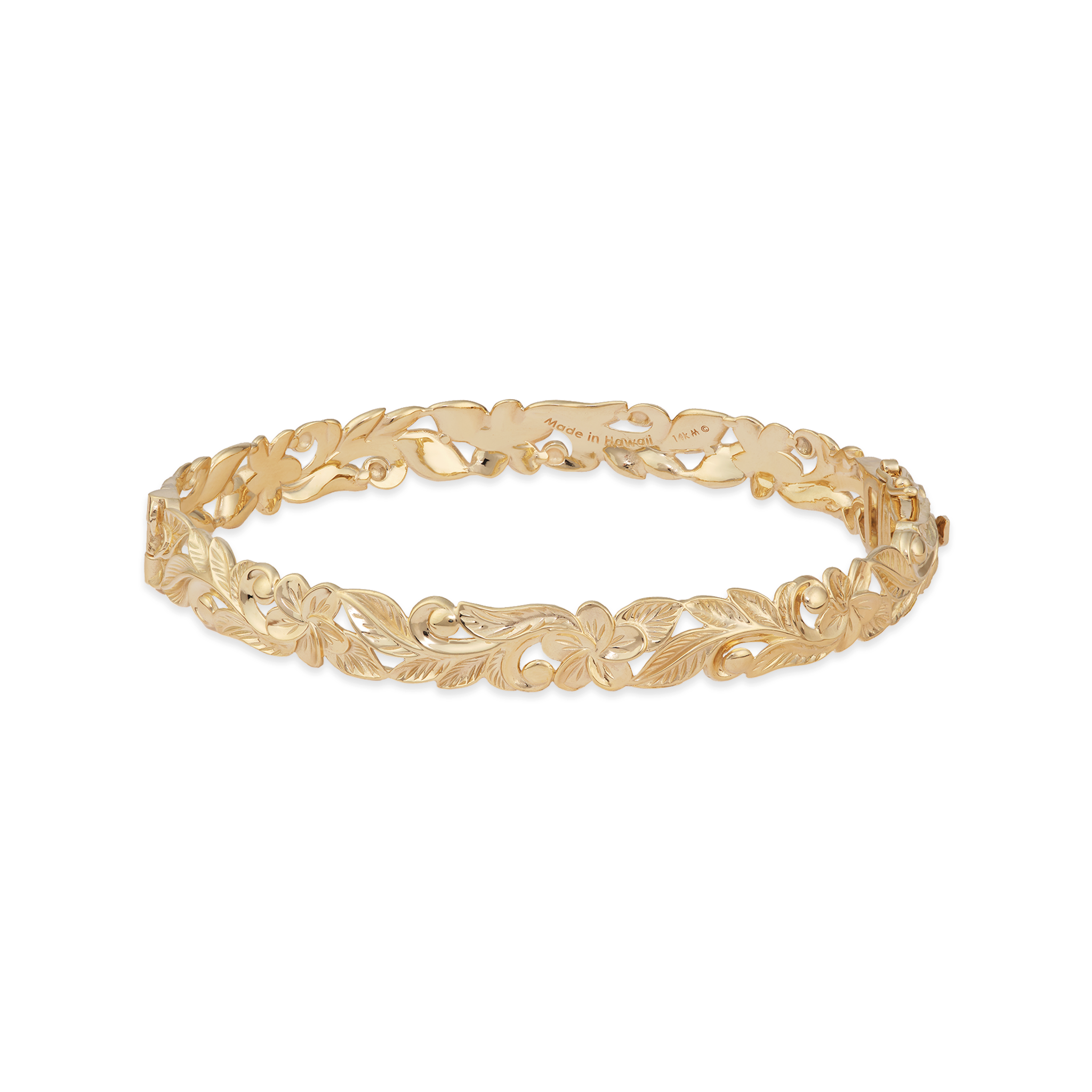Hawaiian Heirloom Plumeria Hinge Bracelet in Gold - 8mm