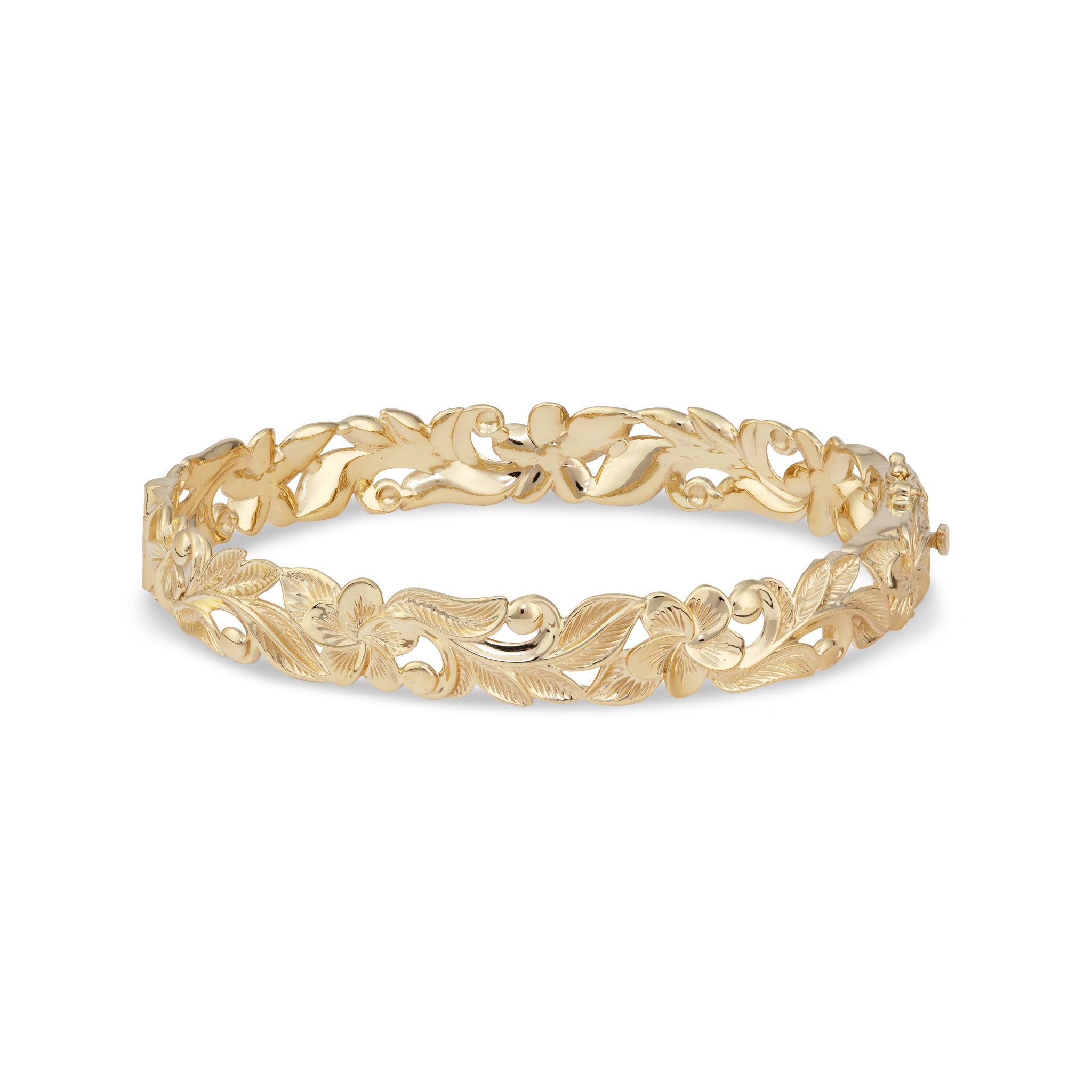 Hawaiian Heirloom Plumeria Hinge Bracelet in Gold - 10mm