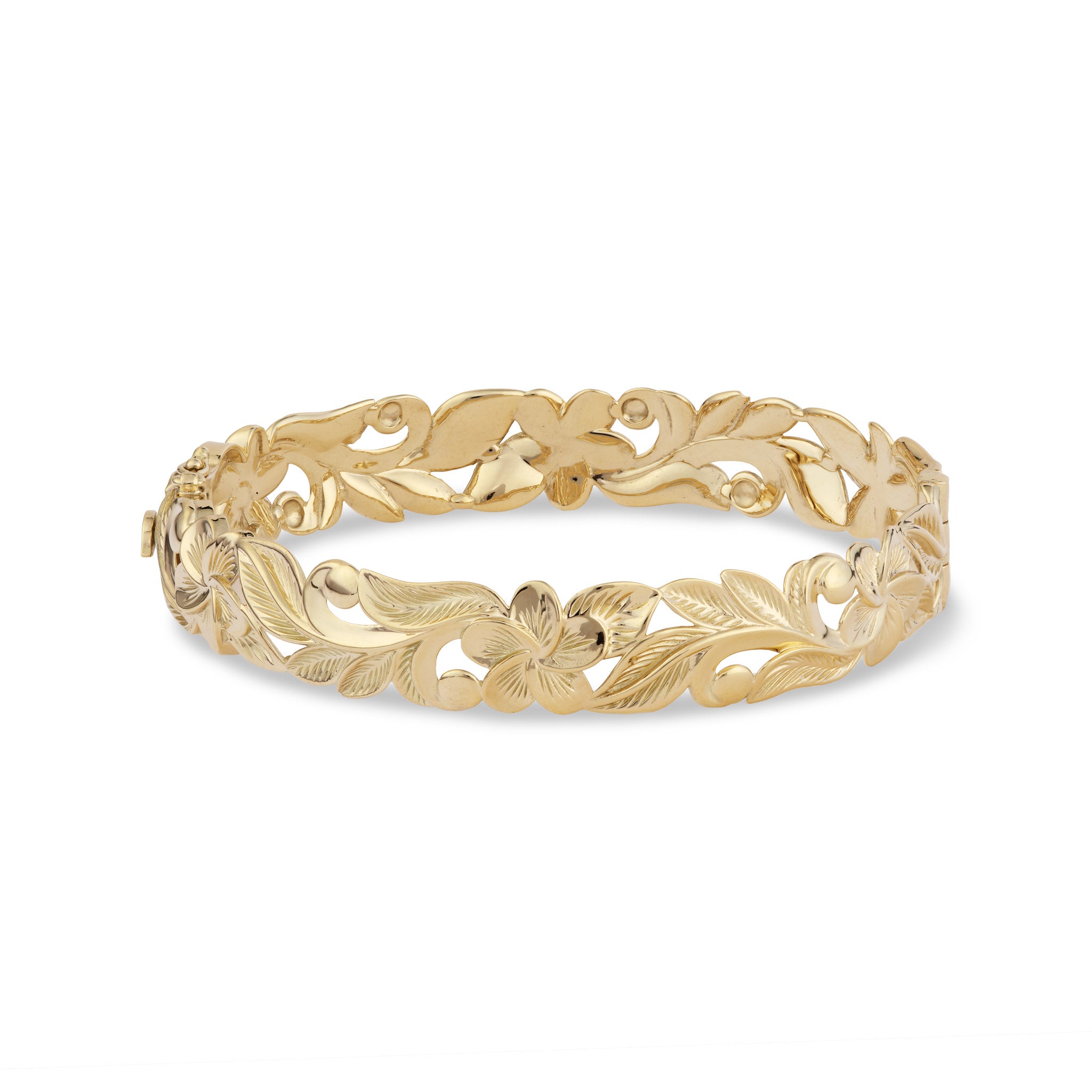 Hawaiian Heirloom Plumeria Hinge Bracelet in Gold - 12mm