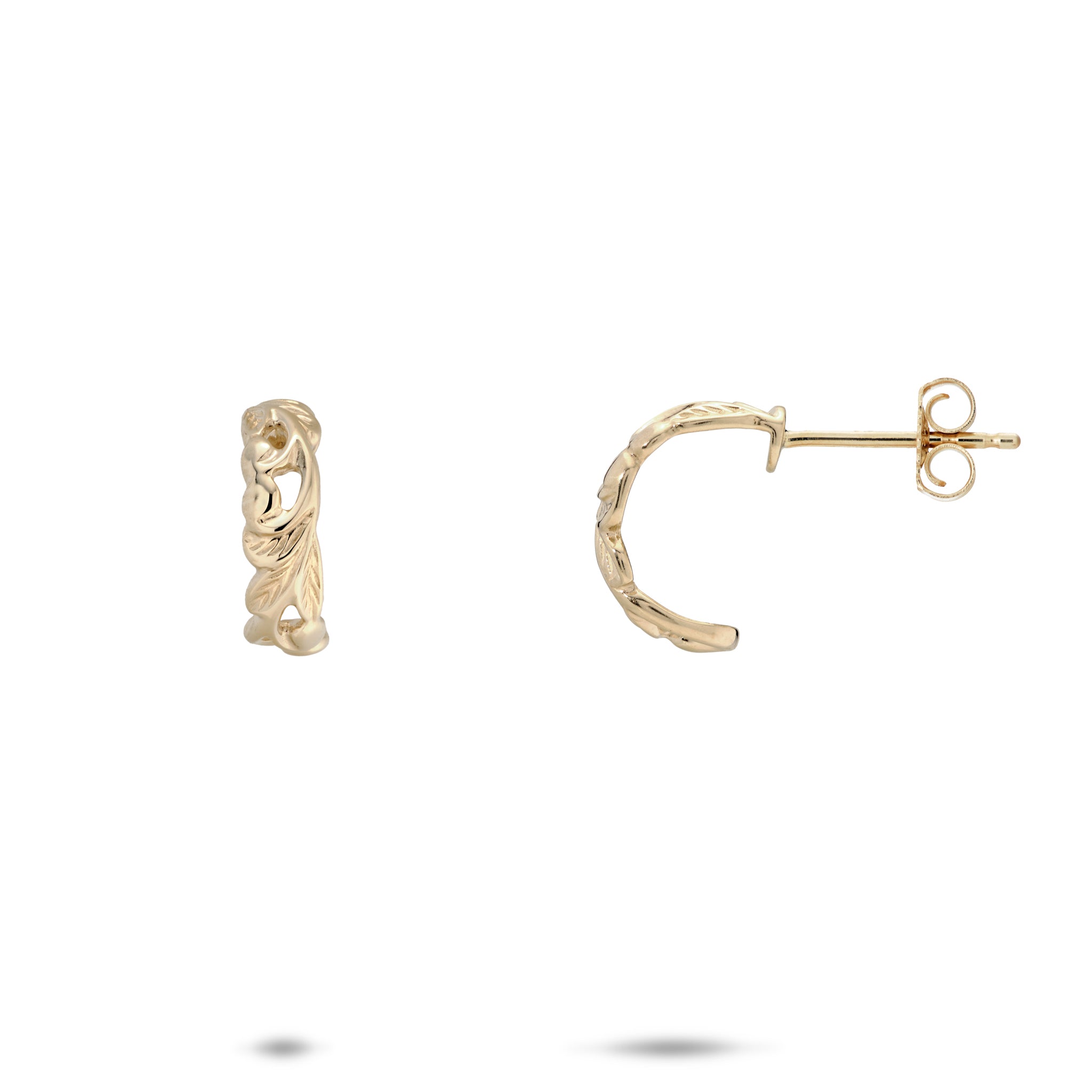 17.5mm Hawaiian Heirloom Maile Scroll Huggie Hoop Earrings in 14k Yellow Gold on a white background
