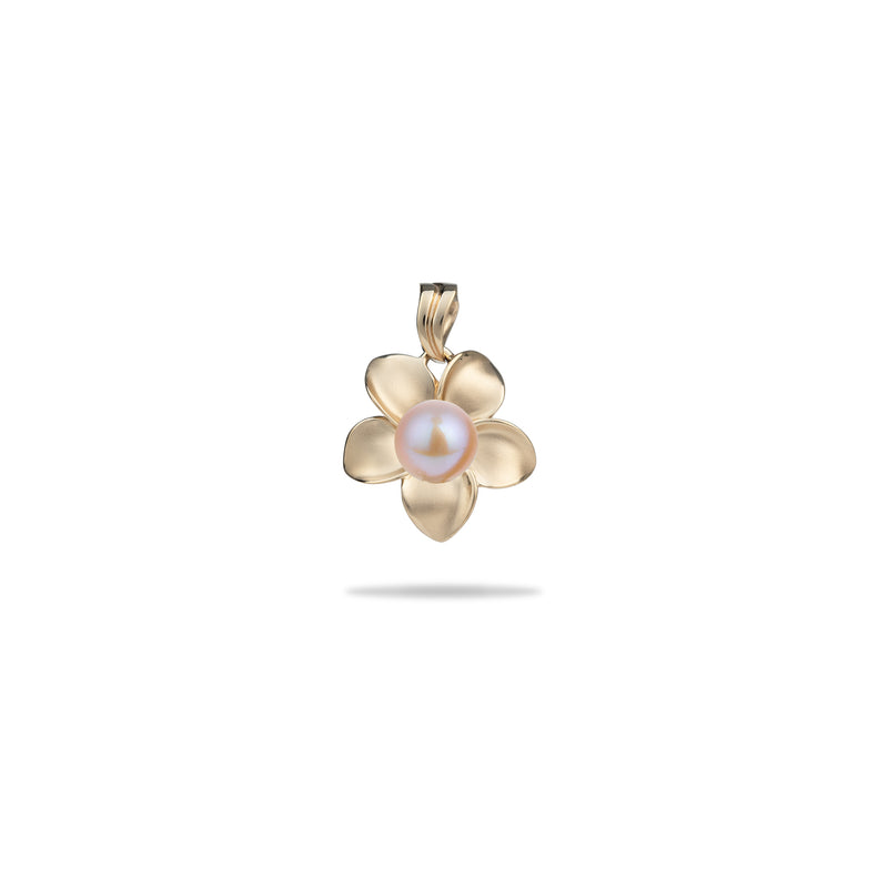 Maui Divers Jewelry Pick A Pearl Plumeria Pendant in Gold - 18mm with Pink Pearl on White Background