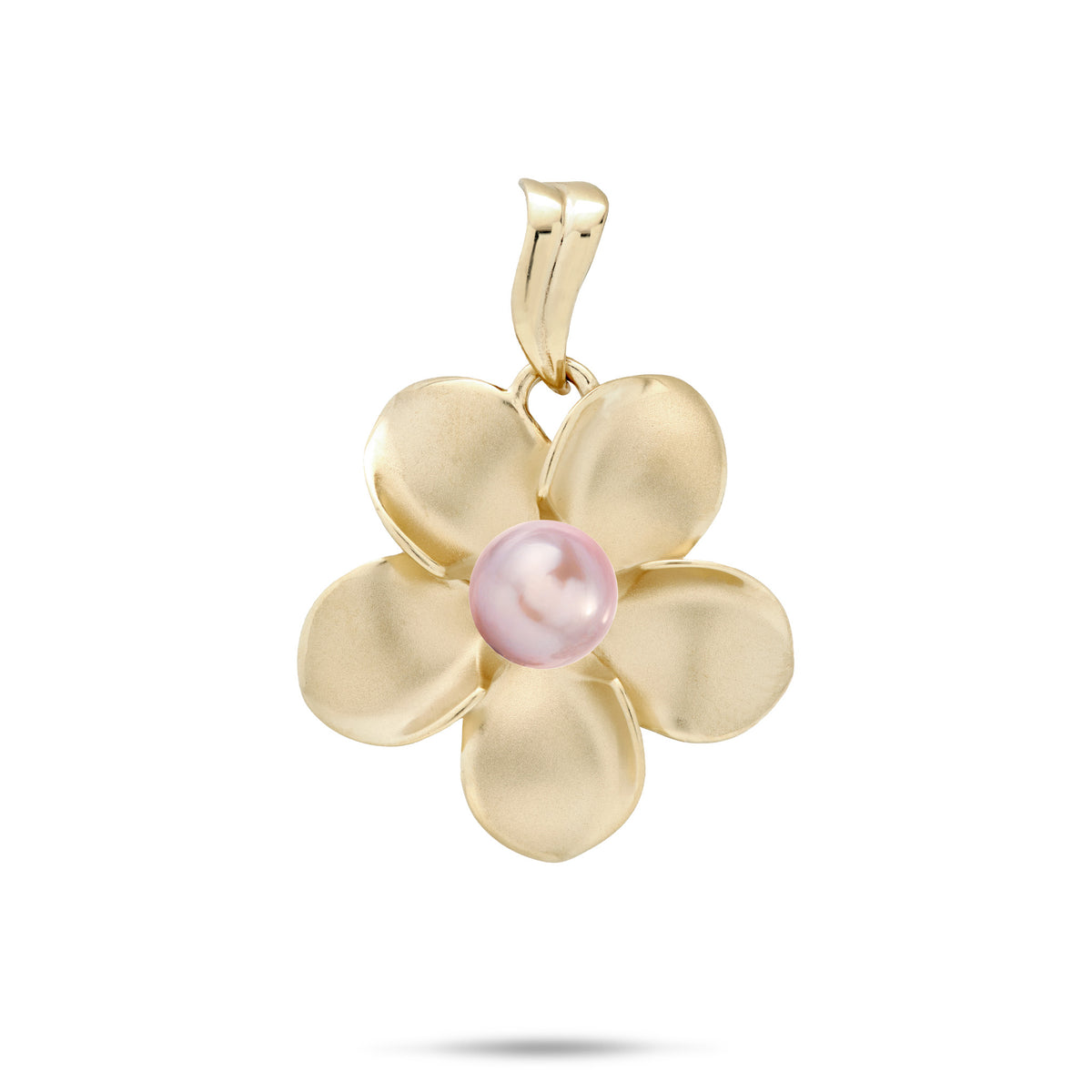 A 14k yellow gold 23mm Plumeria Flower Pendant with a center lavender freshwater pearl and wavy high-polish bail, shown against a white background