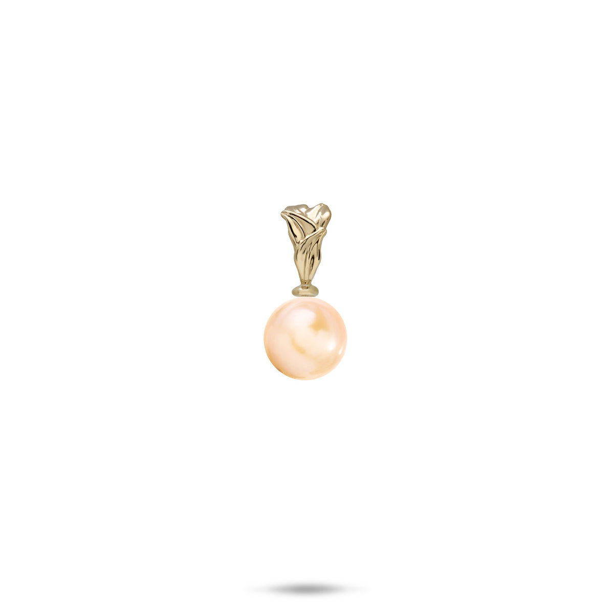 A 14k yellow gold pendant with a woven high-polish maile leaf design and a small peach freshwater pearl, against a white background