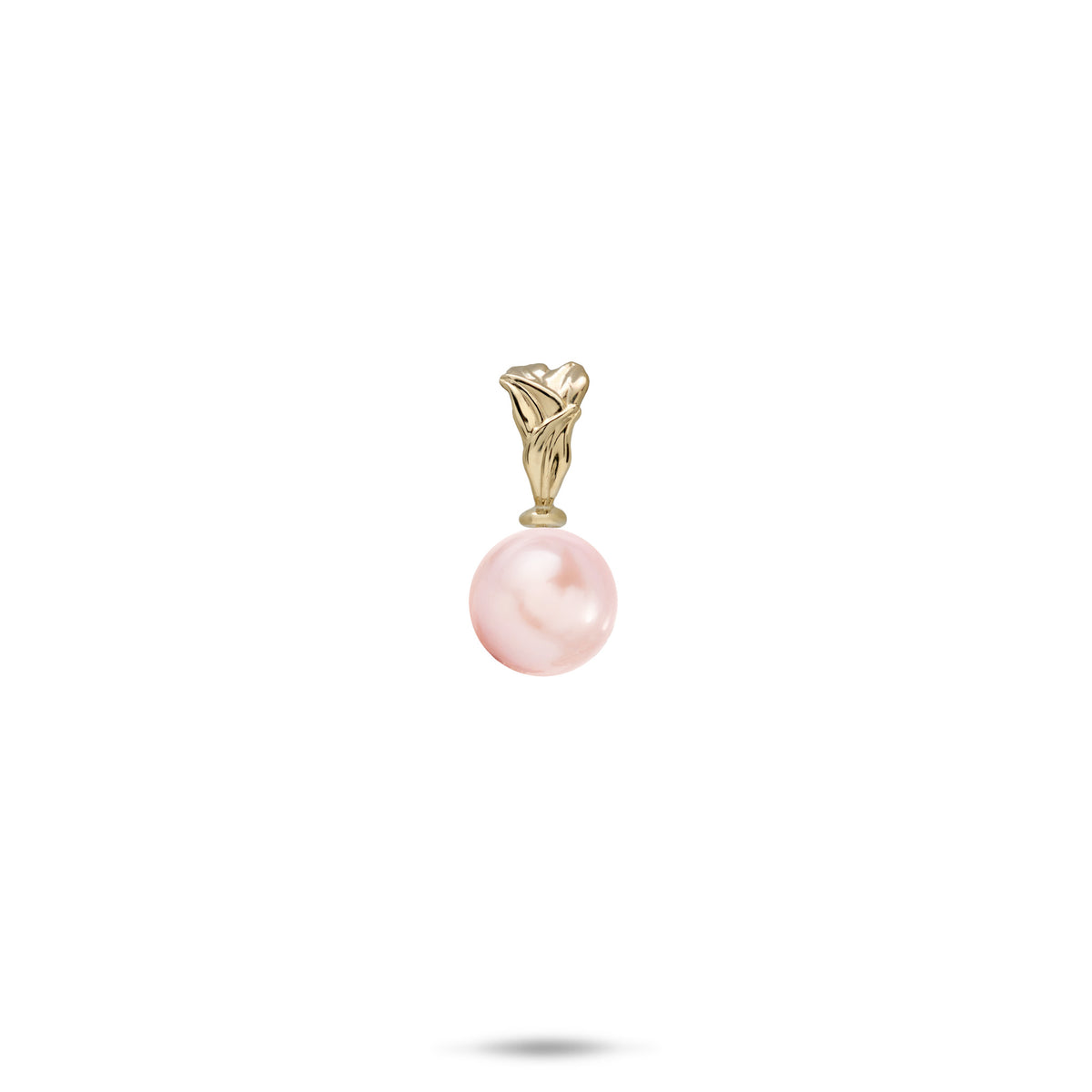 A 14k yellow gold pendant with a woven high-polish maile leaf design and a small pink freshwater pearl, against a white background