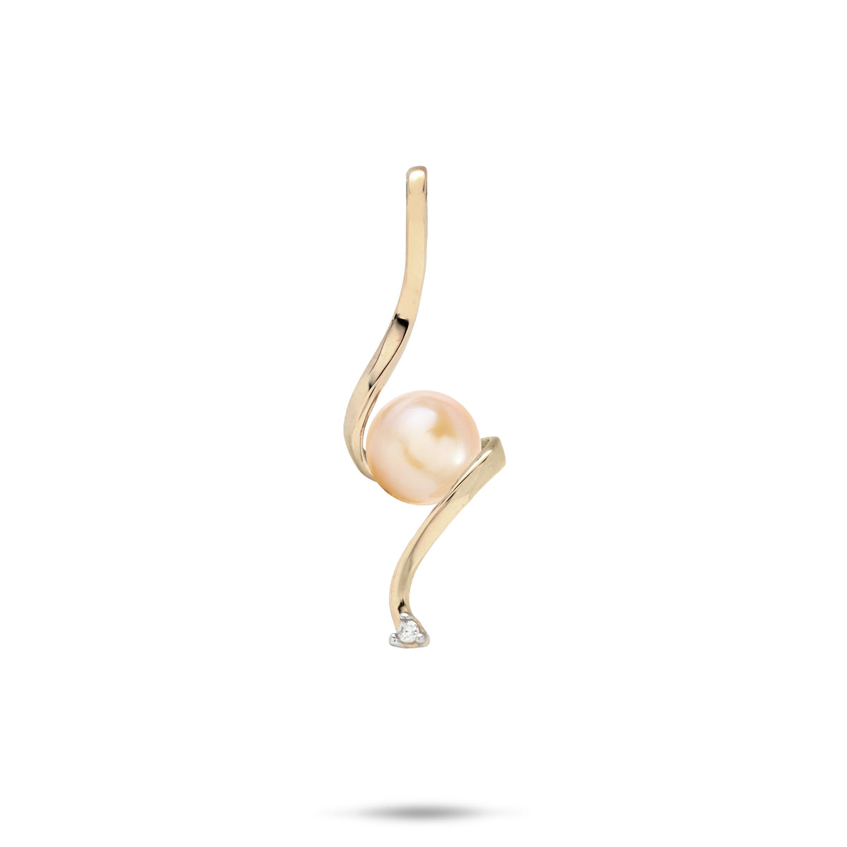 Swirling Waterfall Pendant in high-polish 14k Yellow Gold with a Peach Freshwater Pearl in the Center and a Diamond at the Bottom against a white background