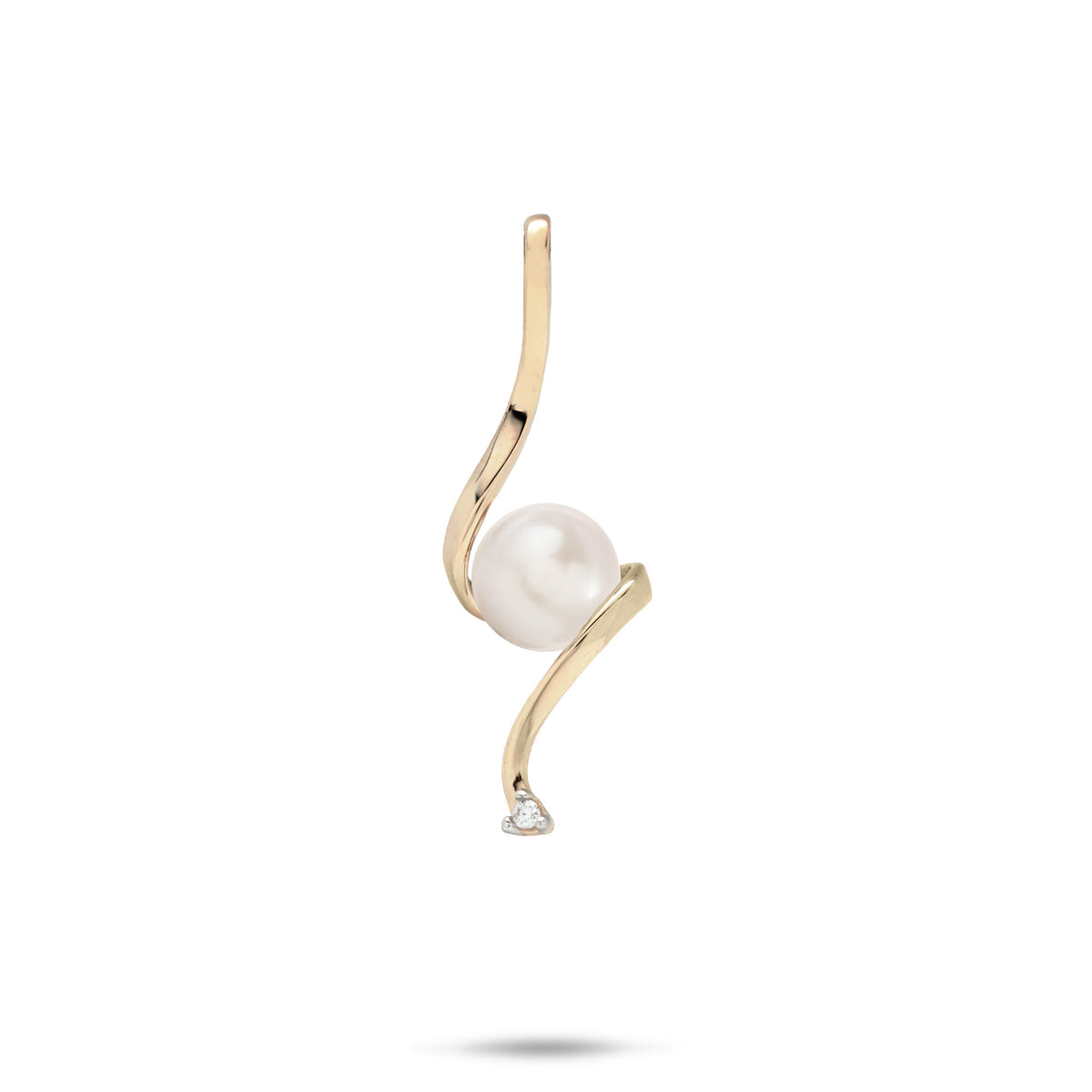 Swirling Waterfall Pendant in high-polish 14k Yellow Gold with a White Freshwater Pearl in the Center and a Diamond at the Bottom against a white background