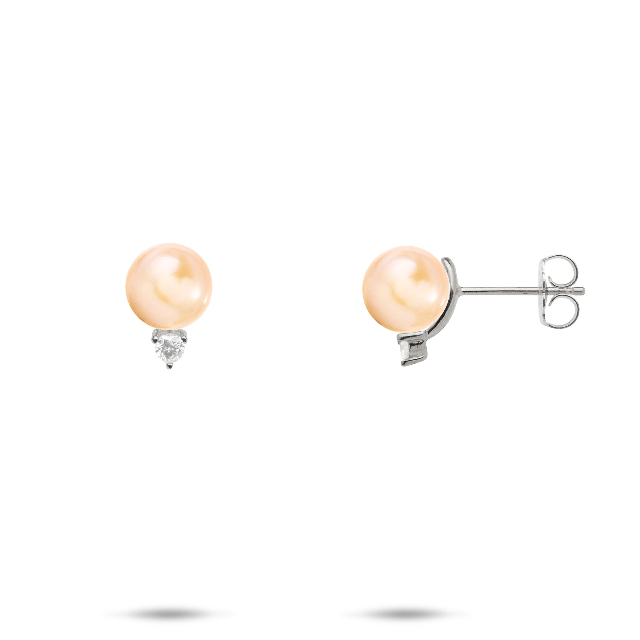 Pick A Pearl Earrings in White Gold with Diamonds and Peach Pearls on a white background