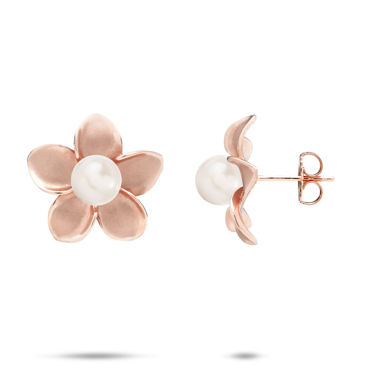 A pair of 18mm 14k rose gold plumeria flower stud earrings with a white freshwater pearl, shown on a white background