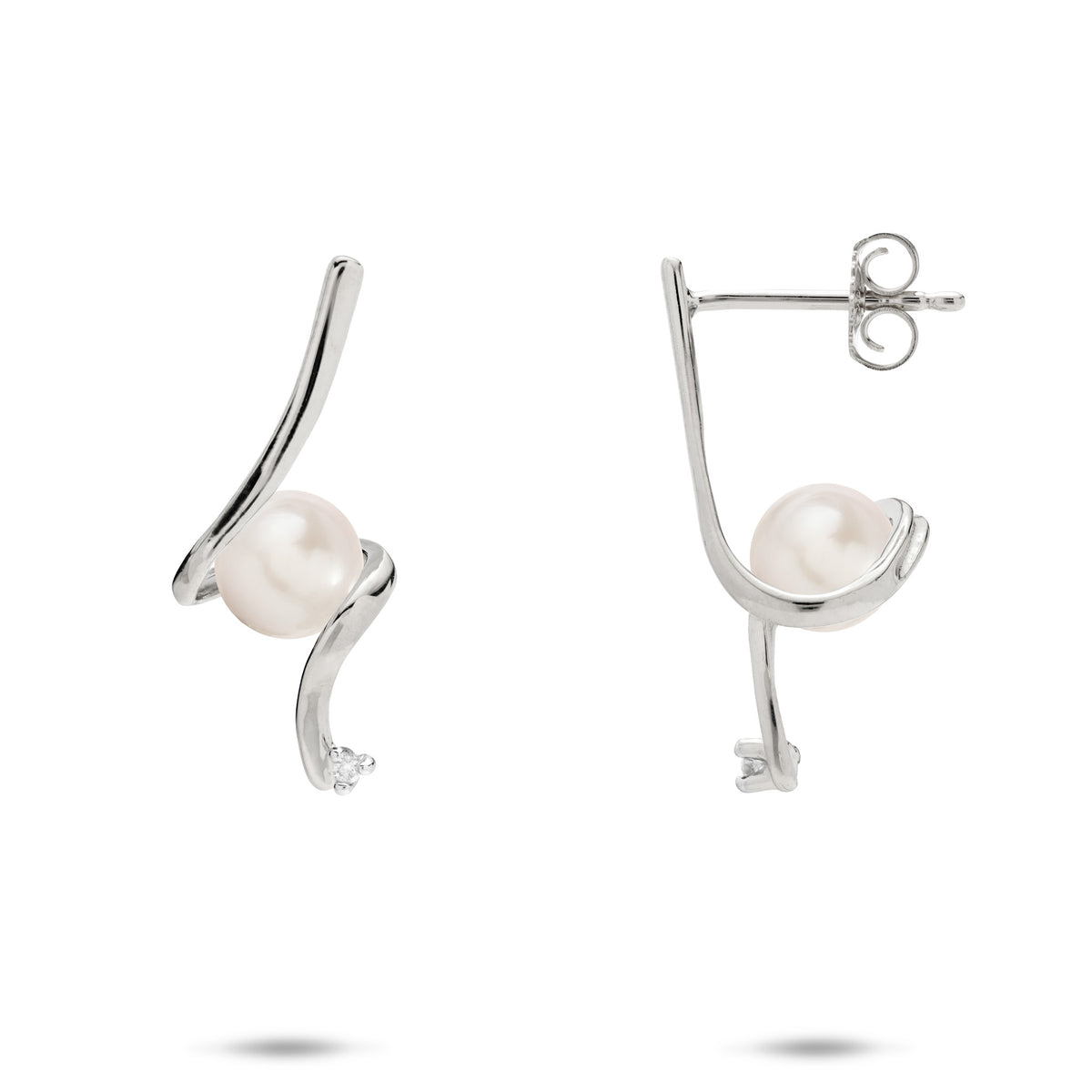 A pair of 14k white gold waterfall spiral style stud earrings wrapping a white freshwater pearl and a diamond at the bottom, shown on a white background