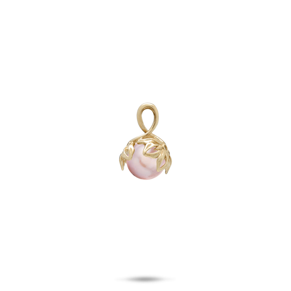 Backside view of a a 14k yellow gold pendant cut-out naupaka flowers and a lavender freshwater pearl at the center, shown on a white background